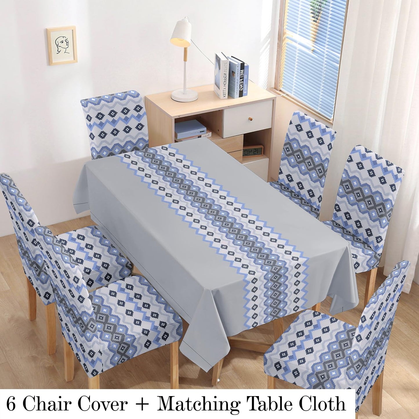 HOKIPO Polyester Dining Chair Covers Set of 4/6 with Matching Tablecloth, Mosaic Blissful Blue