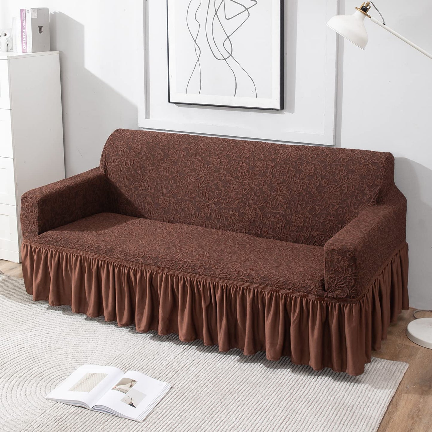 Elastic Stretchable Designer Woven Jacquard Sofa Cover with Frill and Cushion Cover, Pecan Brown
