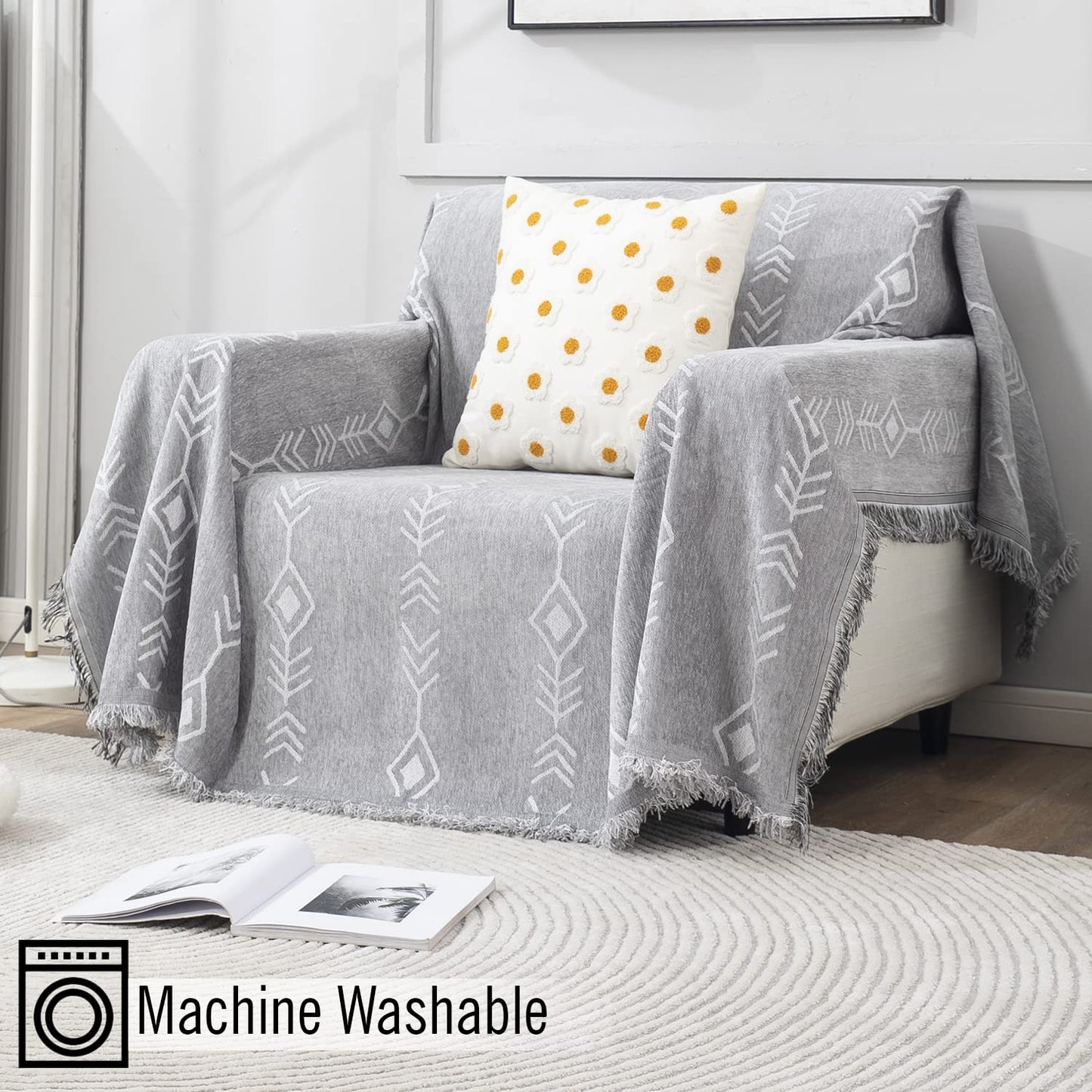 Thick, Soft and Pet Friendly Chenille Sofa Cover Throw, Grey Aztec