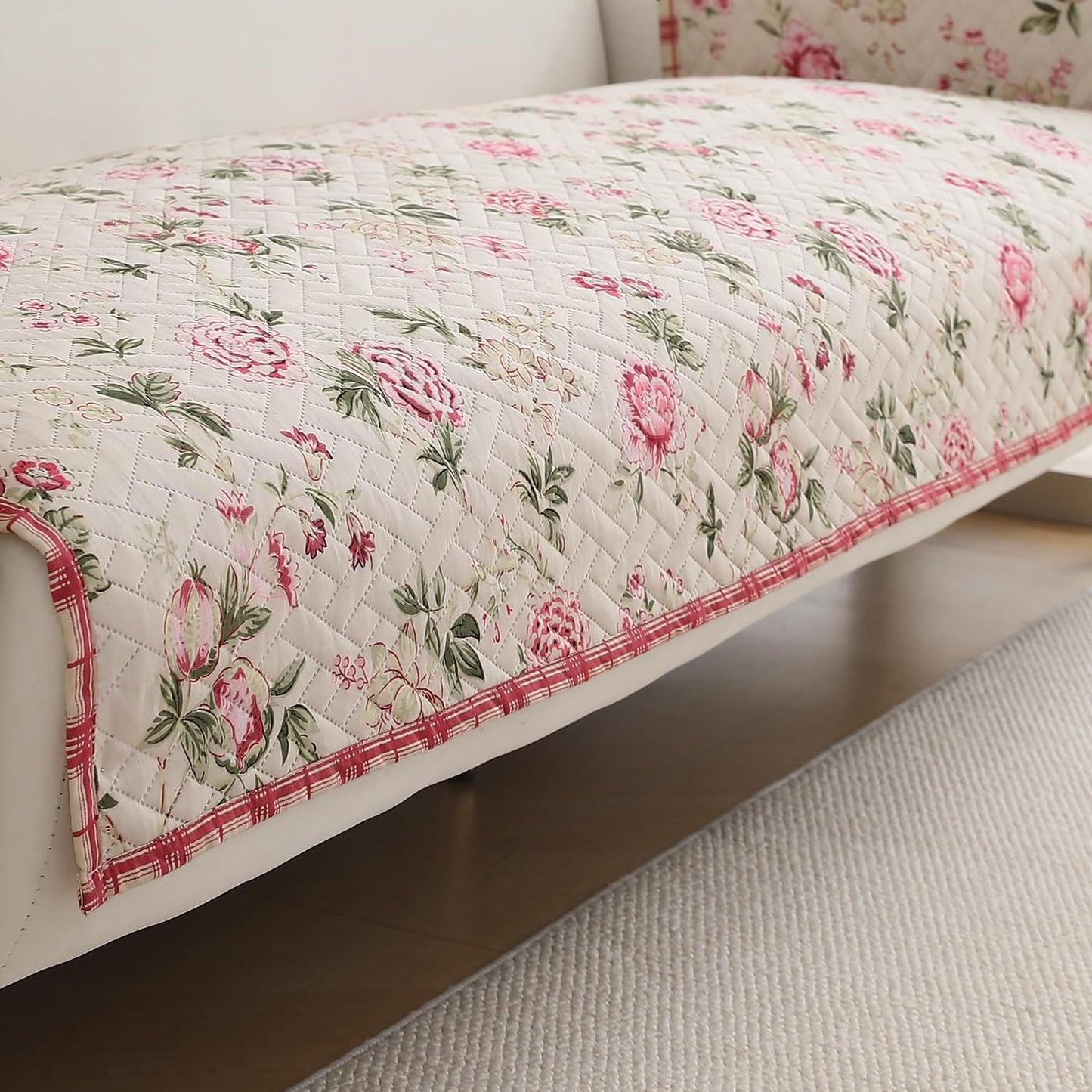 HOKIPO Quilted Sofa Seat Mat for 1/2/3 Seater with 2 Armrest Covers with Pockets,Beige Peonies