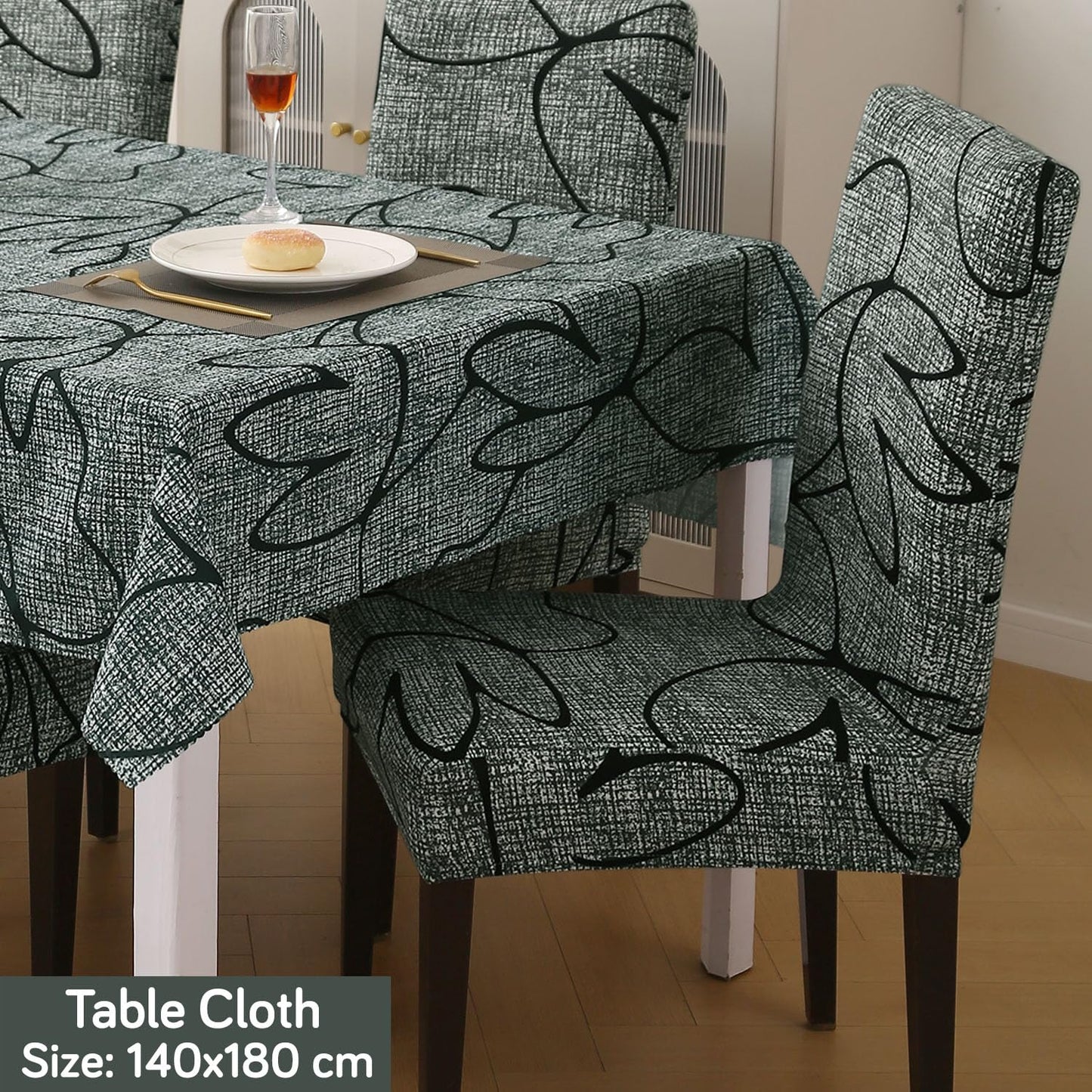 Elastic Dining Chair Covers with Matching Tablecloth, Intense Grey Abstract Floral