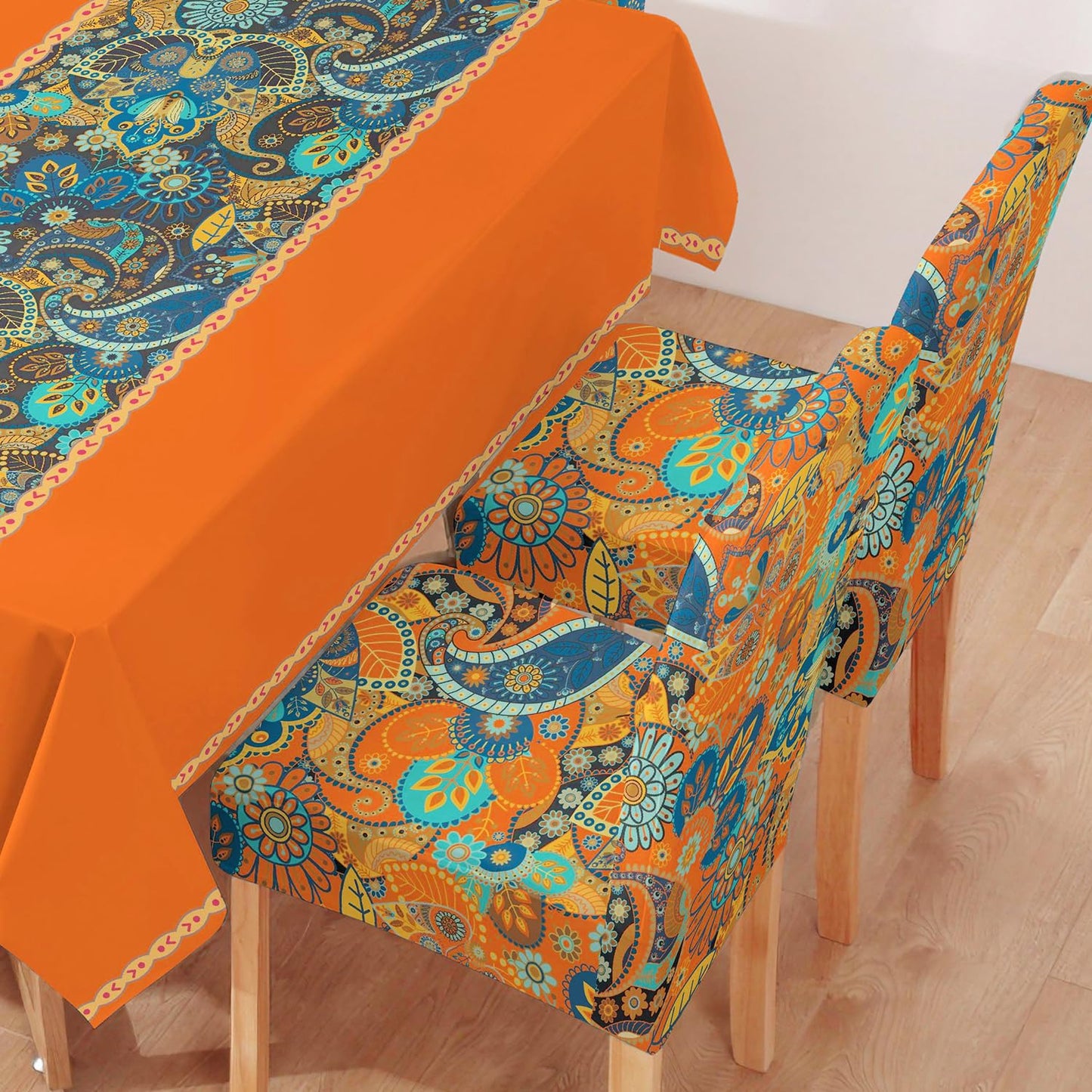 Orange Printed Dining Set Cover | 4/6 Seater