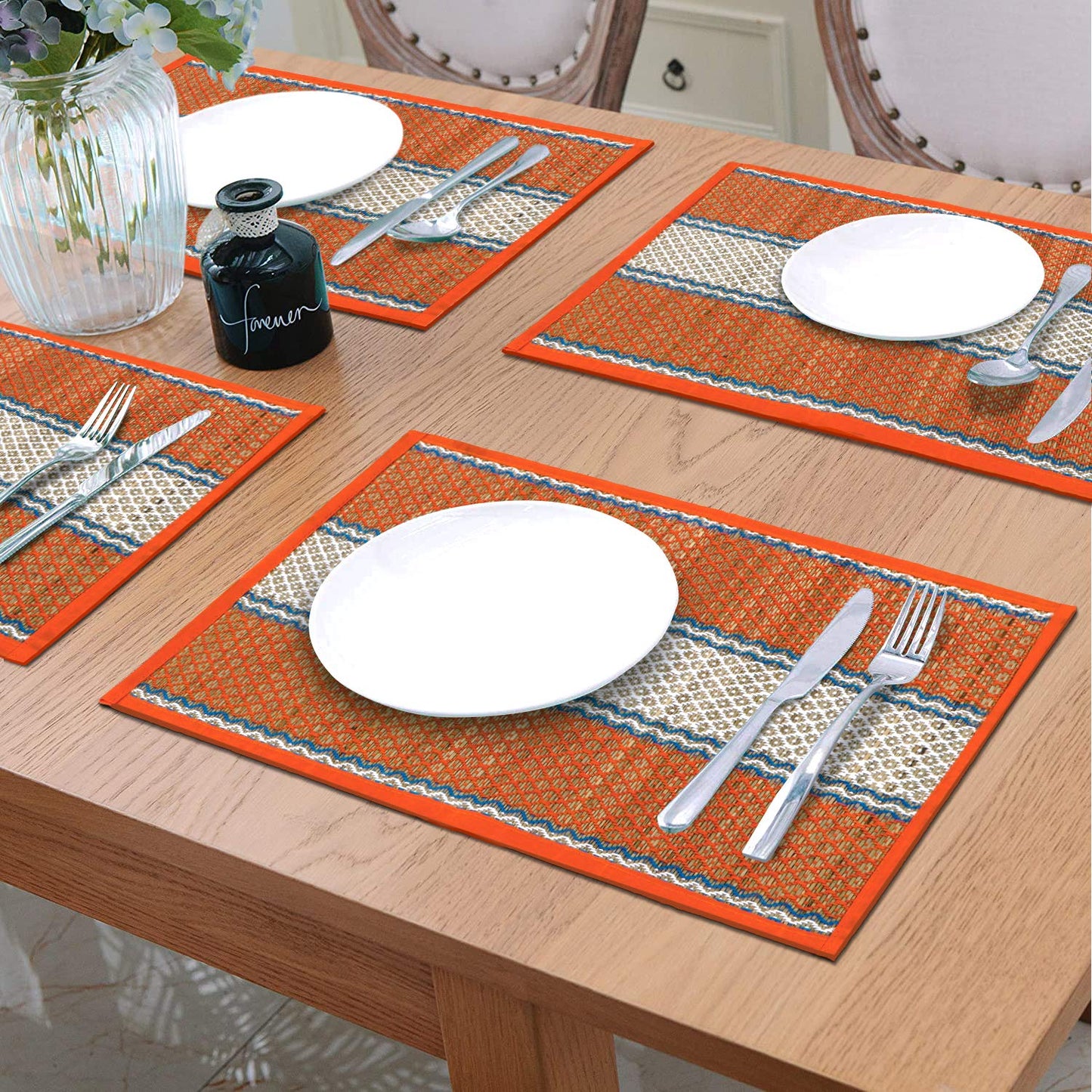Handmade Madurkathi River Grass Dining Table Mats, Orange