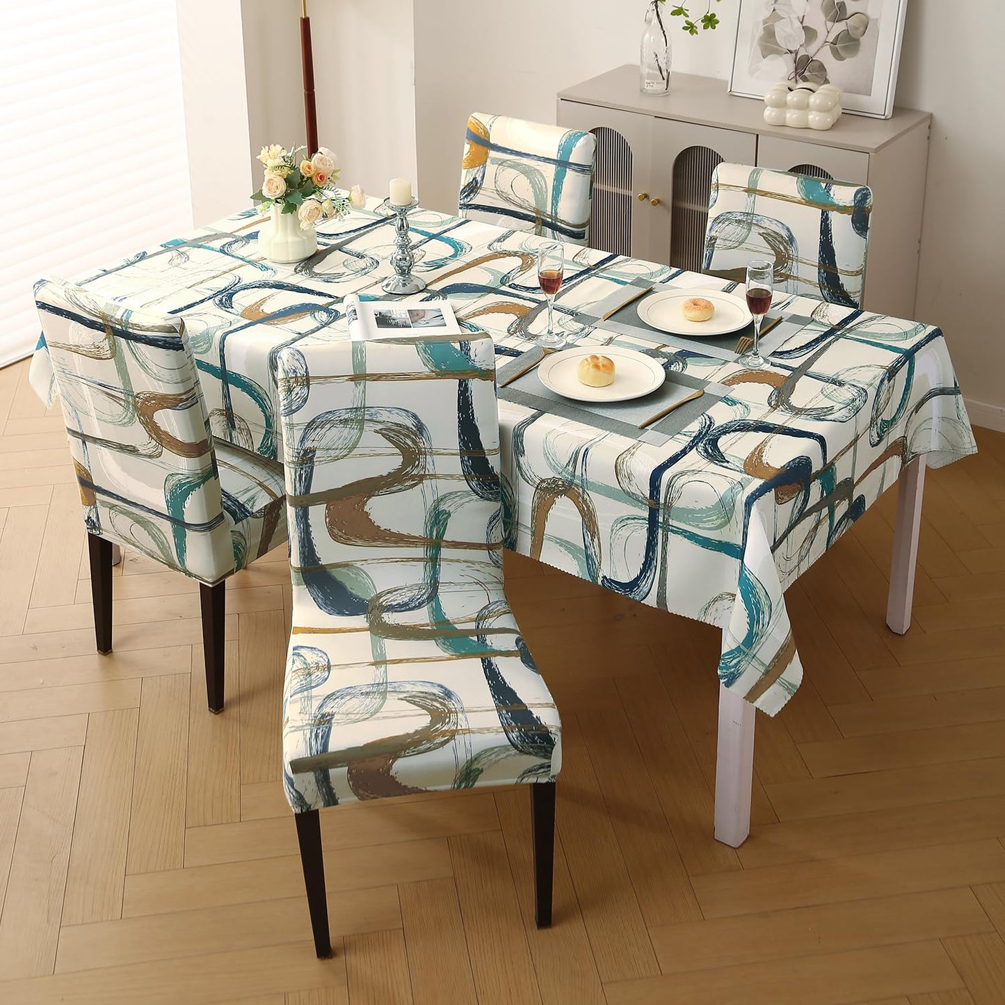 Elastic Dining Chair Covers with Matching Tablecloth, Parchement Beige Abstract Art