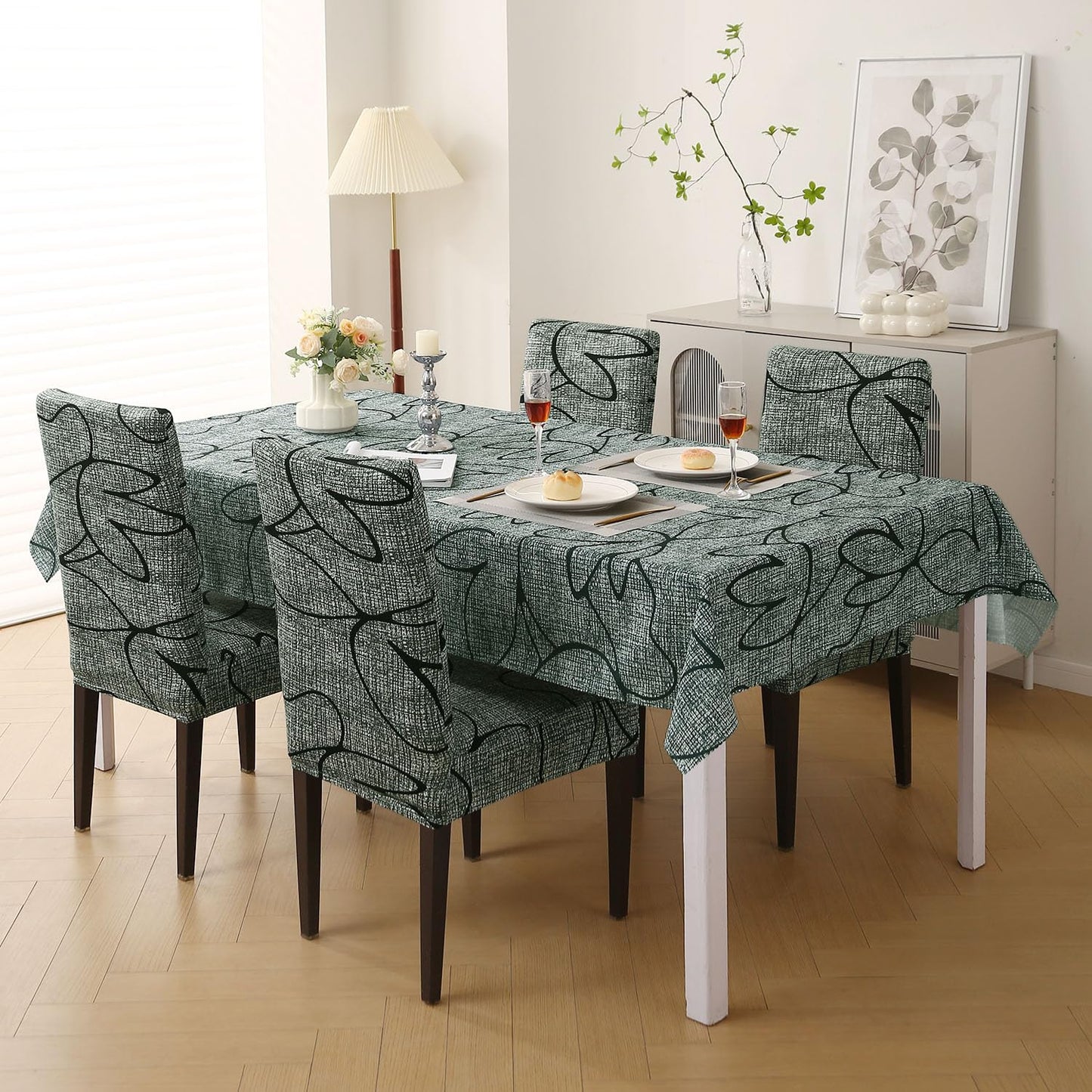 Elastic Dining Chair Covers with Matching Tablecloth, Intense Grey Abstract Floral