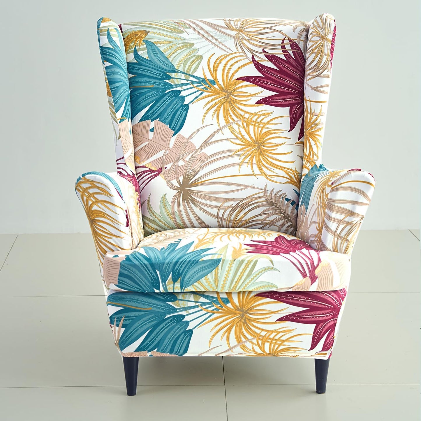 Cane Beige Ferns stylish Elastic Wing Chair Cover