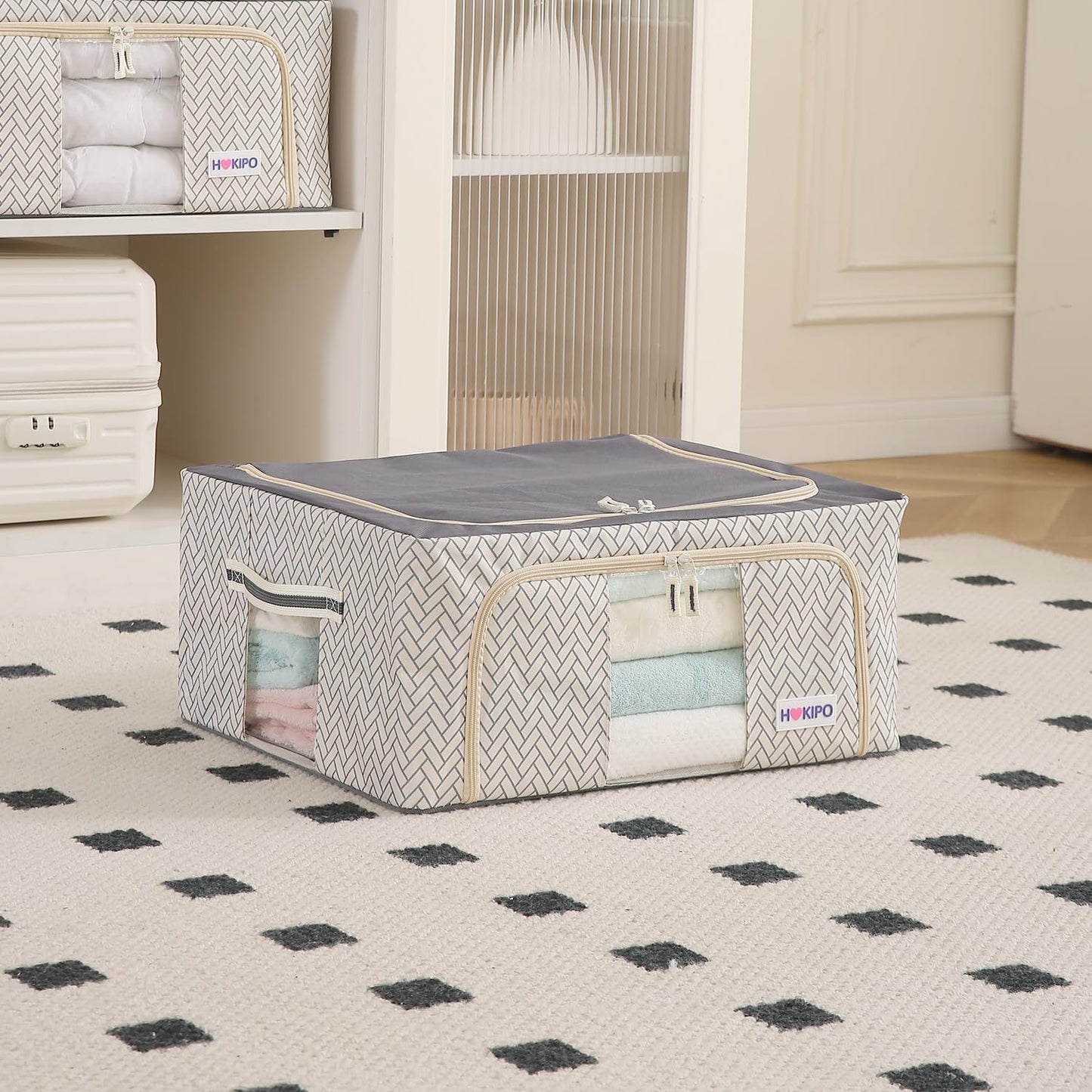Wardrobe Organizer Storage Box | Foldable Cloth Storage Boxes with Metal Frame & Window | 600D Oxford Fabric, Cream Mist