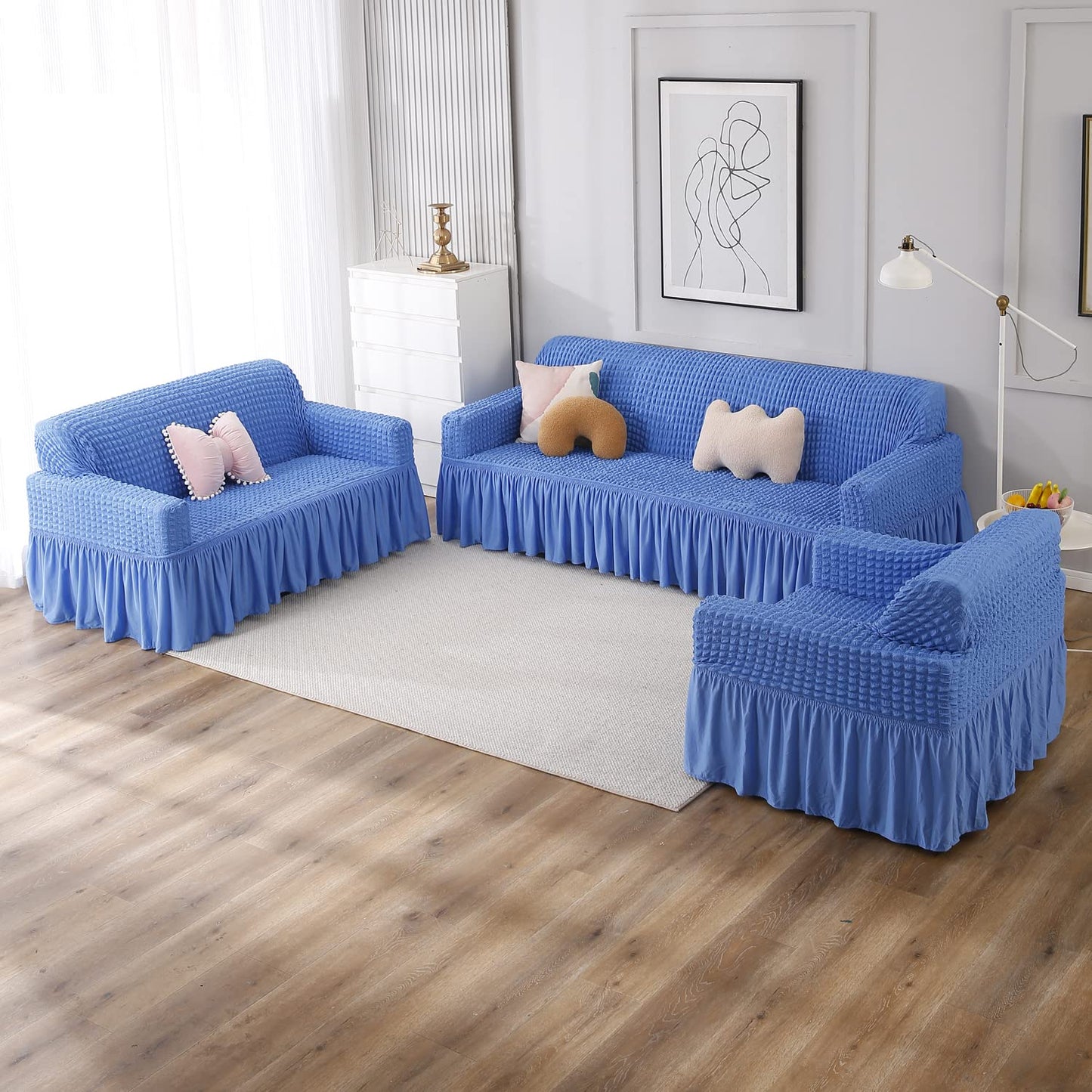 Sky Blue Elastic stretchable Turkish Bubble frill sofa cover set available for 1, 2, 3, 4, 5, 6 & 7 seater sofas