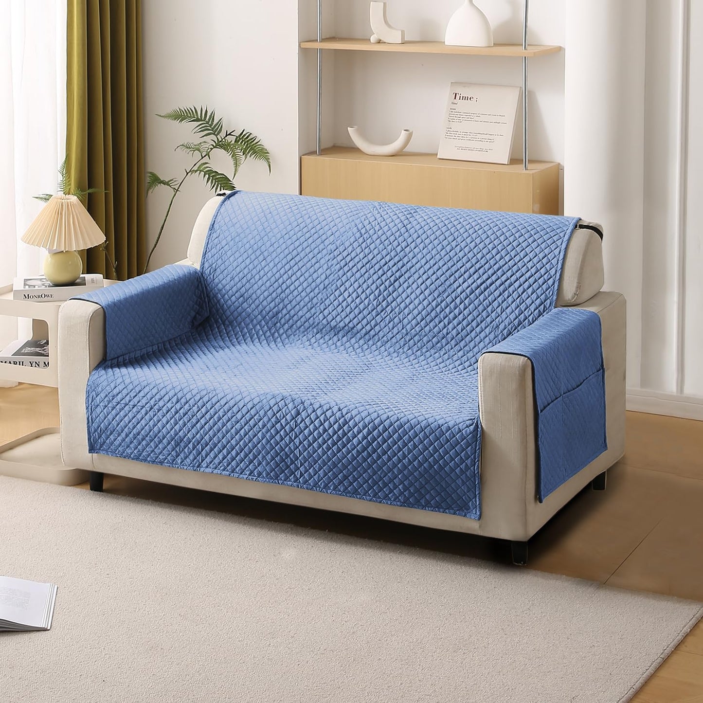 Quilted Velvet Sofa Cover Mat with Side Pockets, Pet Friendly, Placid Blue