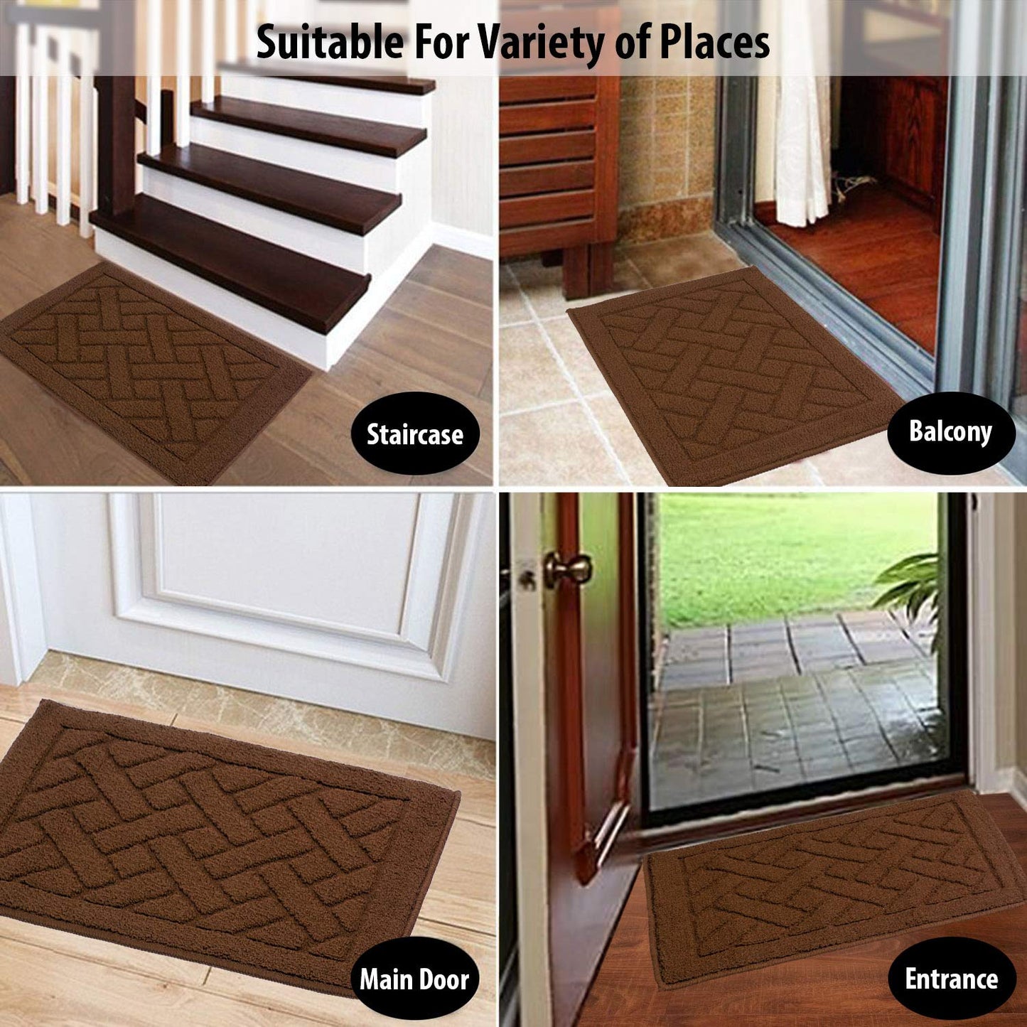 Front Door Inside and Outside Dirt Trapper Mat Polypropylene Fiber Anti-Slip Rubber Back Machine Washable Mat, Rectangular - 45 x 70 cm, Brown