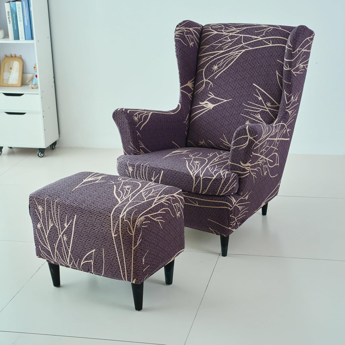 Buy Dark Coffee Twigs Stretchable Wingback Chair & Footstool Cover