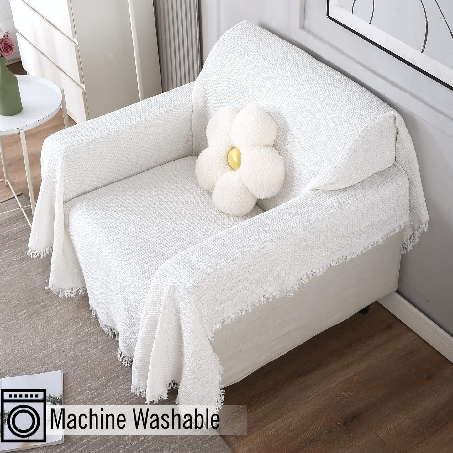 White polycotton sofa throw cover is machine washable, available for 1, 2, 3 seater sofas