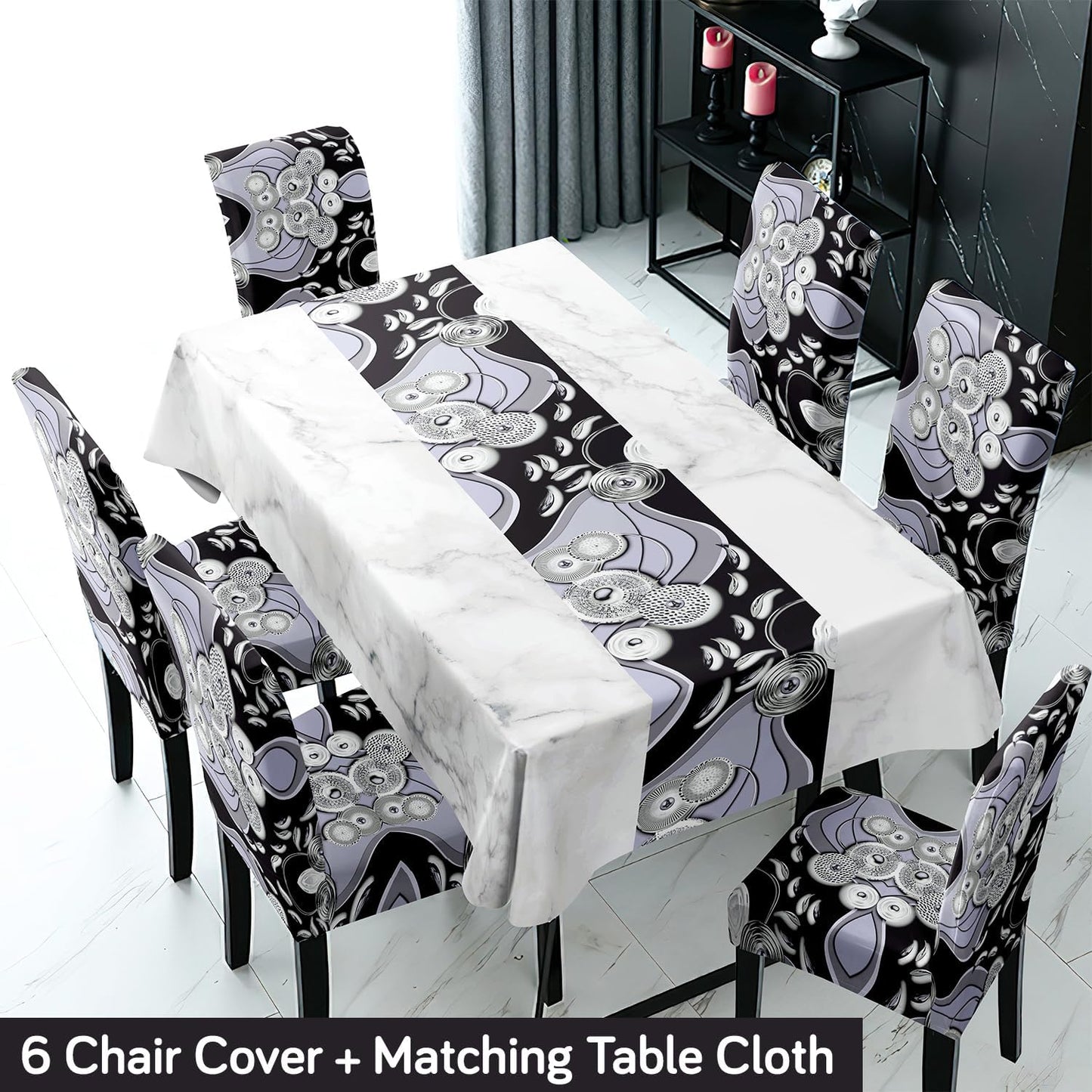 Black Printed Dining Set Cover | 4/6 Seater