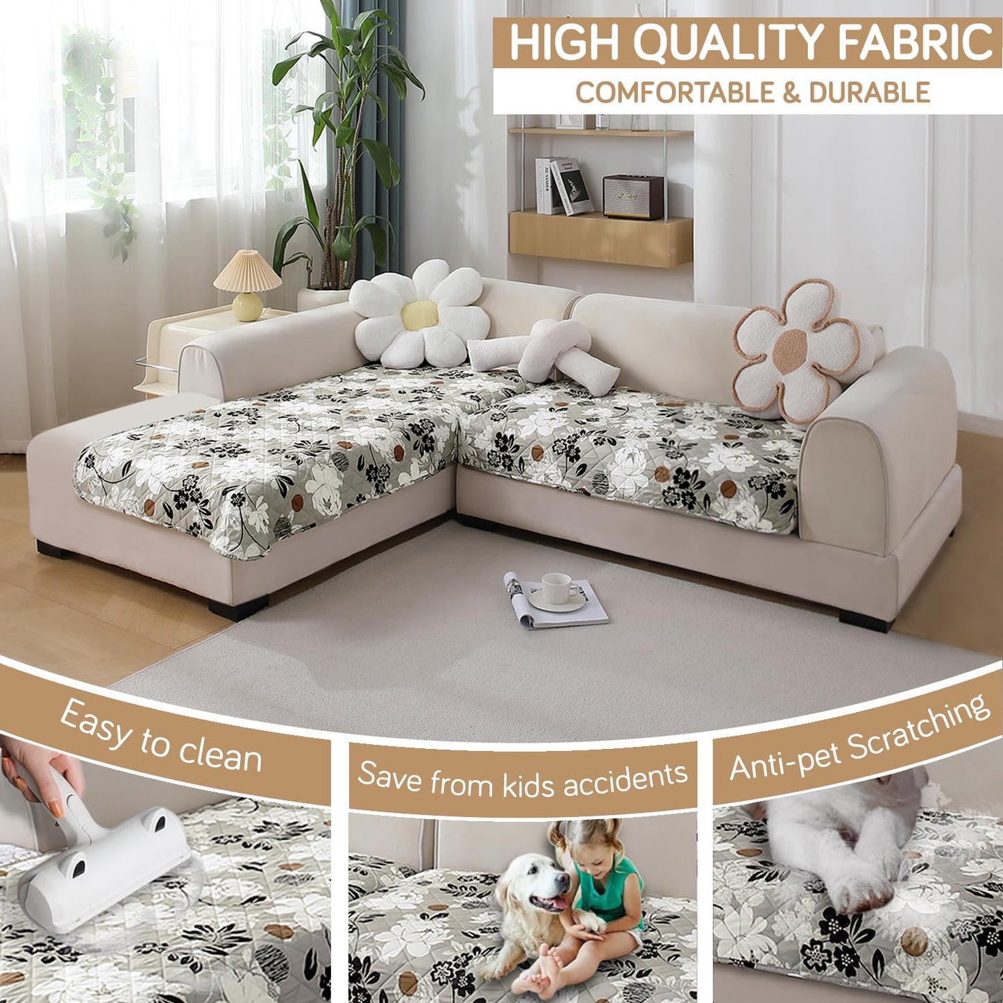 Waterproof Printed Quilted Quick Dry L Shape Sofa Seat Cover Mat, Feather Brown Floral