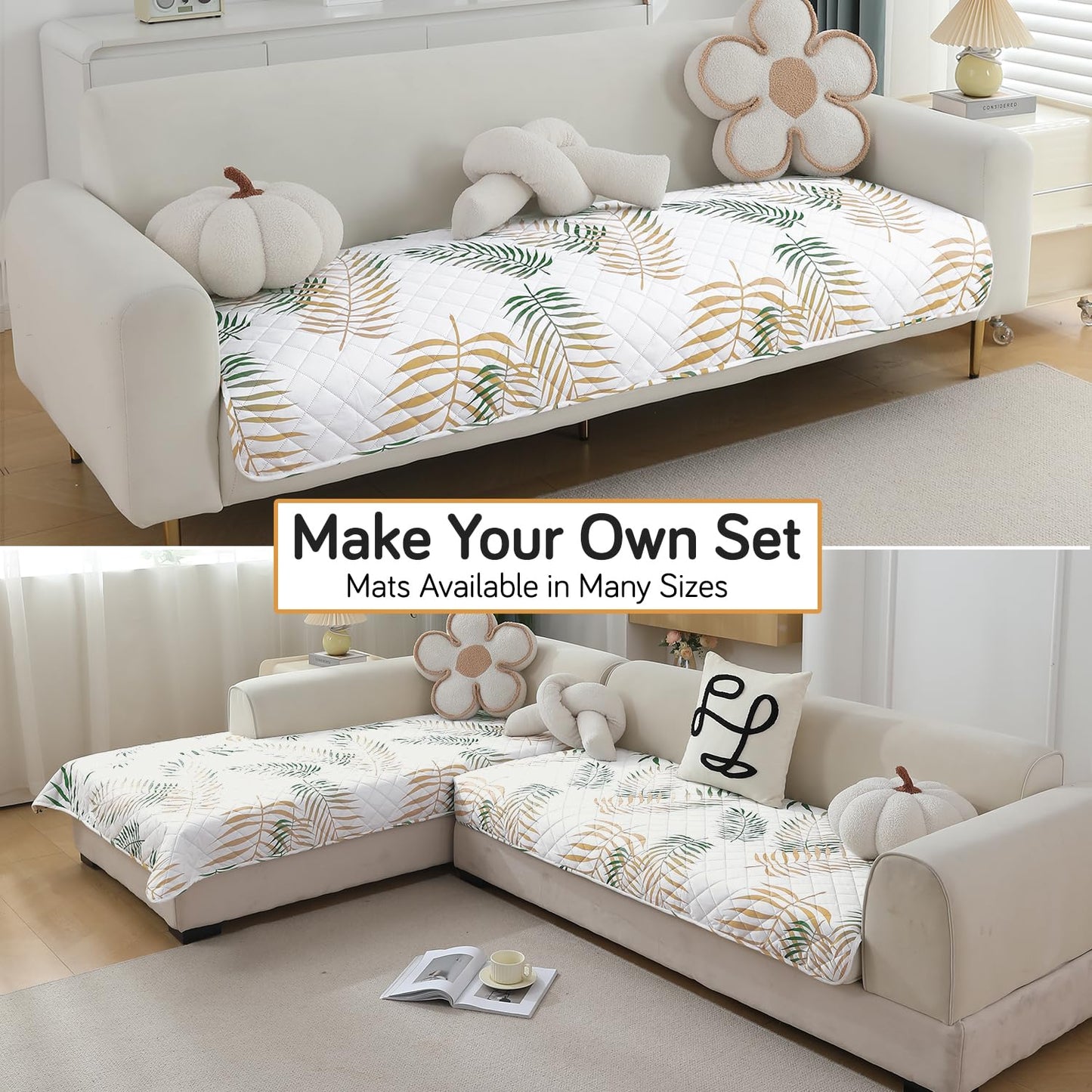 Quilted, Waterproof and Anti-Slip Sofa Cover Mat, Palm Leaves Forest Green