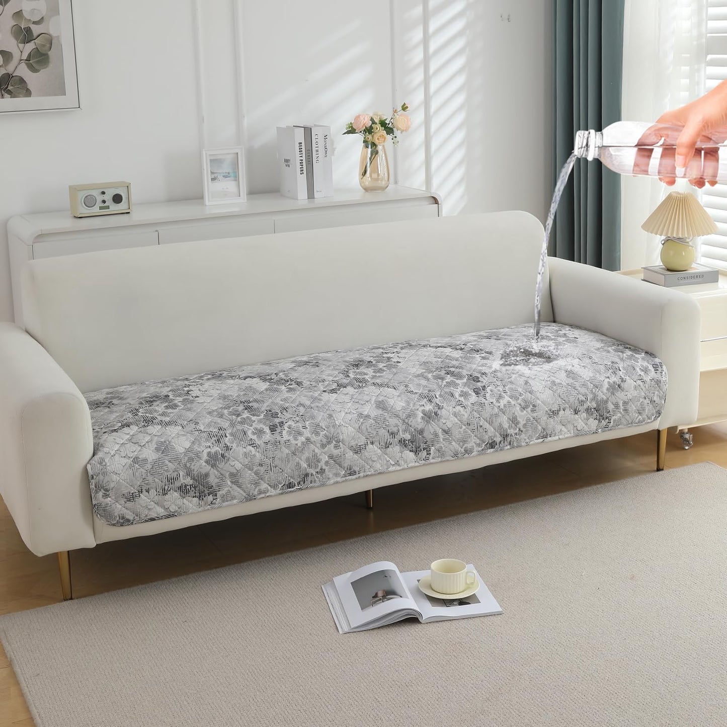 Quilted, Waterproof and Anti-Slip Sofa Cover Mat, Abstract Pale Grey