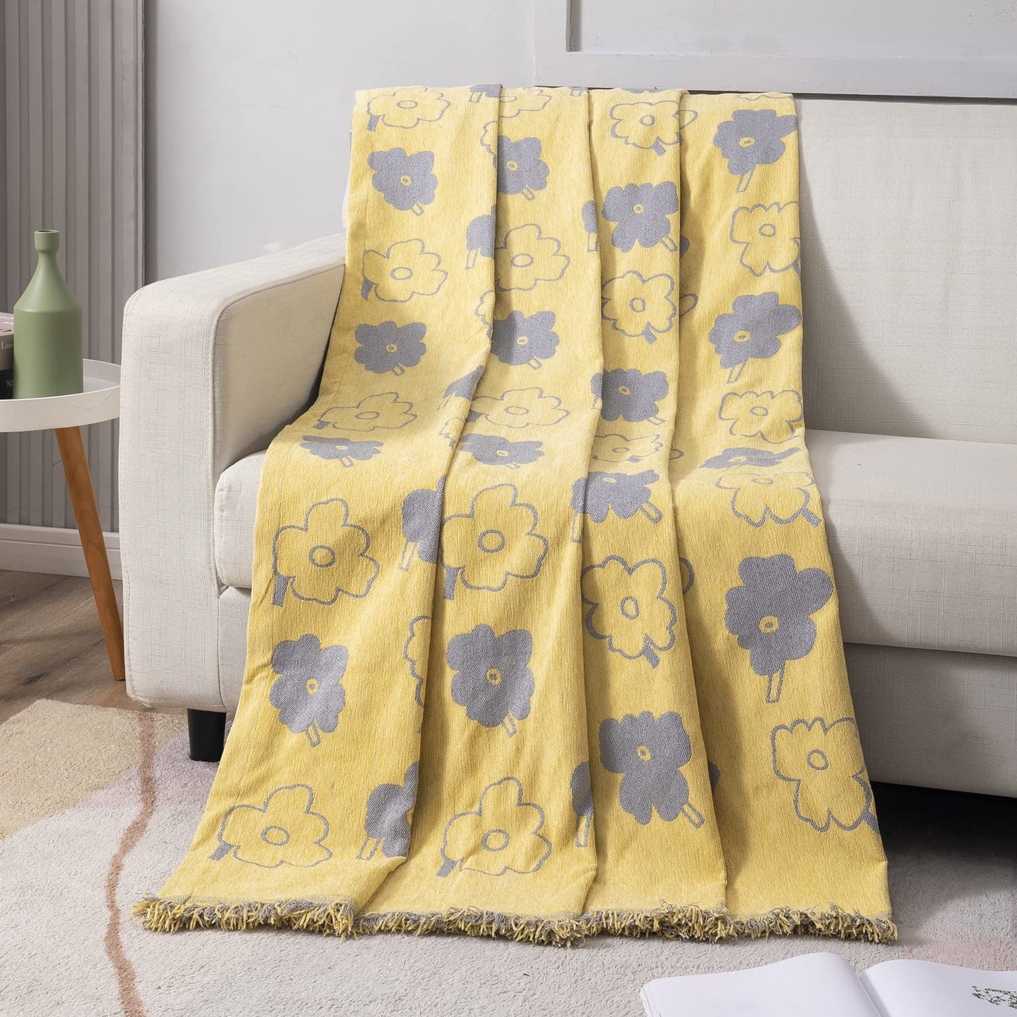 Thick, Soft and Pet Friendly Chenille Sofa Cover Throw, Yellow Floral