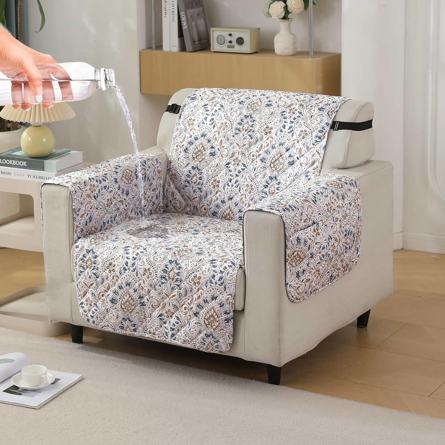 Quilted Waterproof Sofa Cover Mat with Pockets on Armrest Cover -Damask White