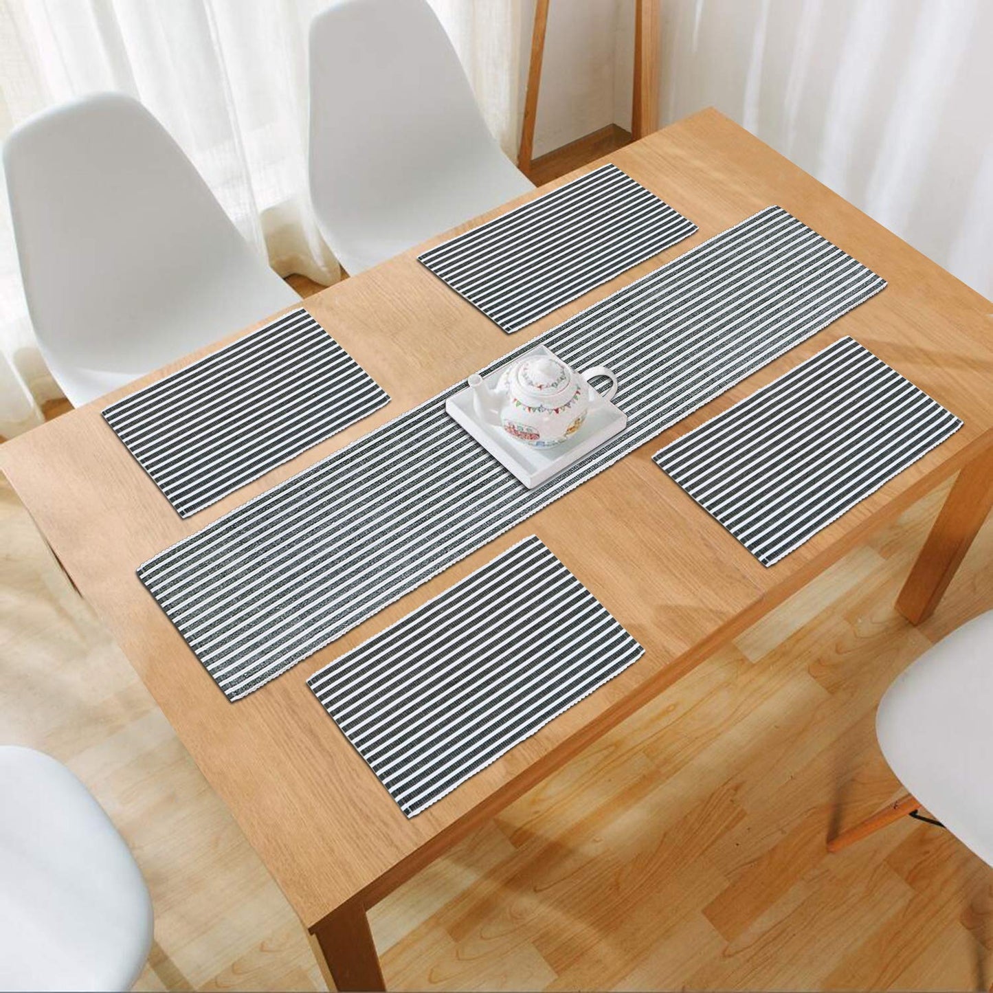Ribbed Cotton Heat Resistant Dining Table Mat, Grey Striped