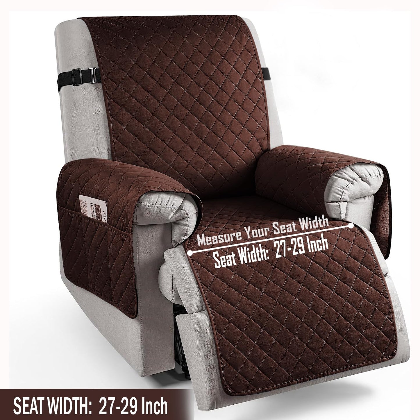 Quilted Recliner Chair Cover With Side Pockets for 1 Seater Sofa, Dark Brown
