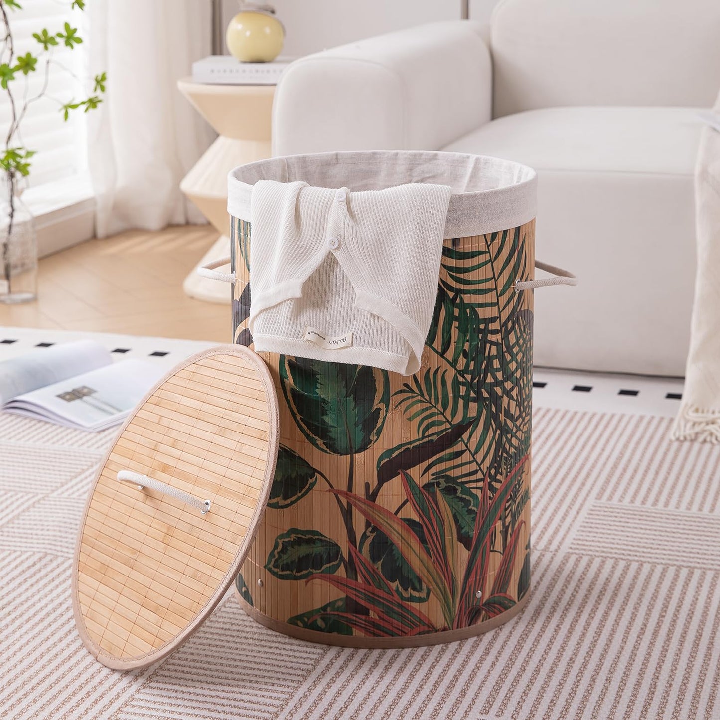 Eco-Friendly Foldable Bamboo Laundry Basket Hamper with Lid, Large, 61 Litre, Ficus Leaves