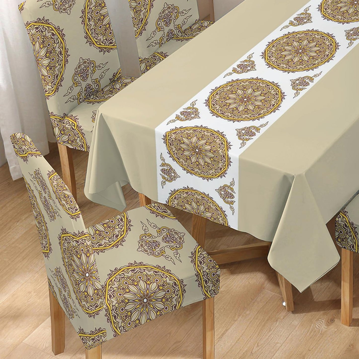 Polyester Dining Chair Covers Set of 4/6 with Matching Tablecloth, Mandala Sand Brown