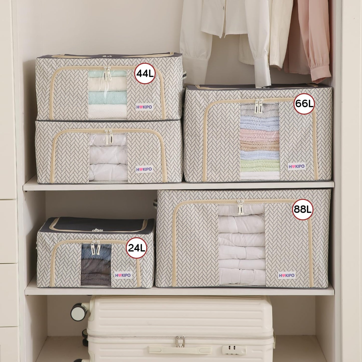 Wardrobe Organizer Storage Box | Foldable Cloth Storage Boxes with Metal Frame & Window | 600D Oxford Fabric, Cream Mist