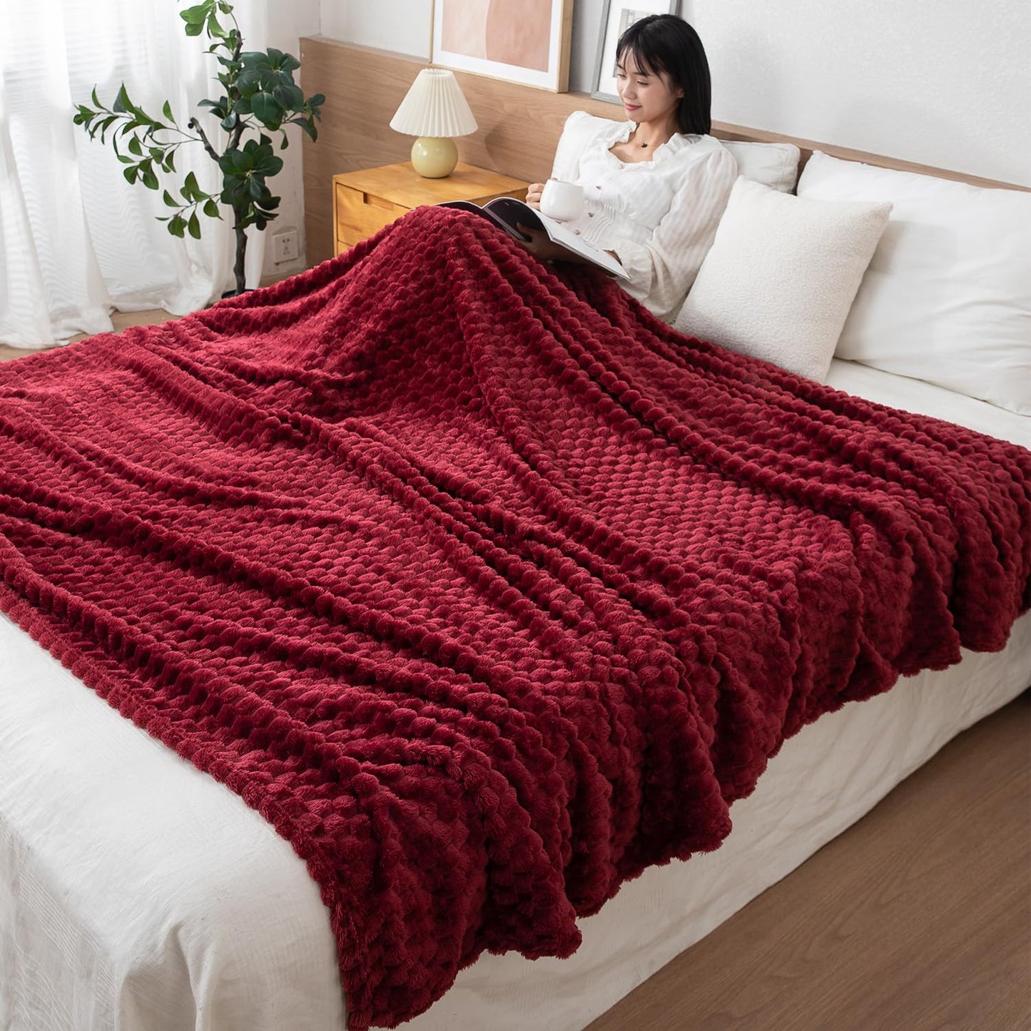 Maroon Colour Bubble Texture Soft Fleece Blankets | HOKIPO