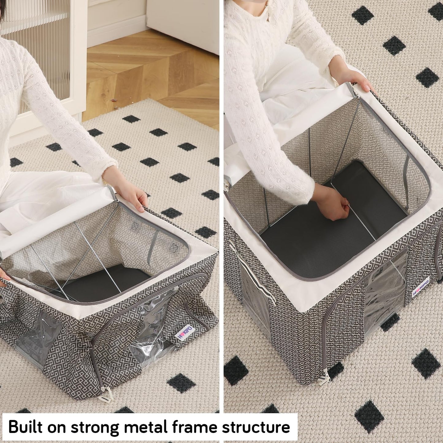 Wardrobe Organizer Storage Box | Foldable Cloth Storage Boxes with Metal Frame & Window | 600D Oxford Fabric, Charcoal Grey