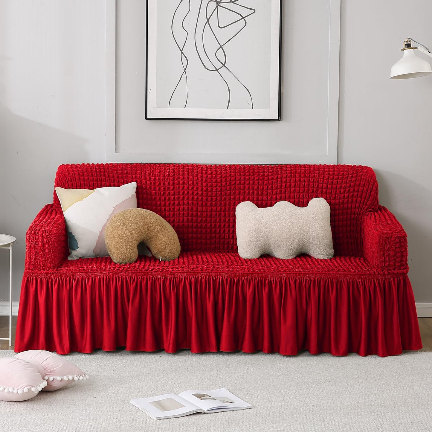 Scarlet Red 3 seater stretchable Turkish Bubble Frilled sofa cover set