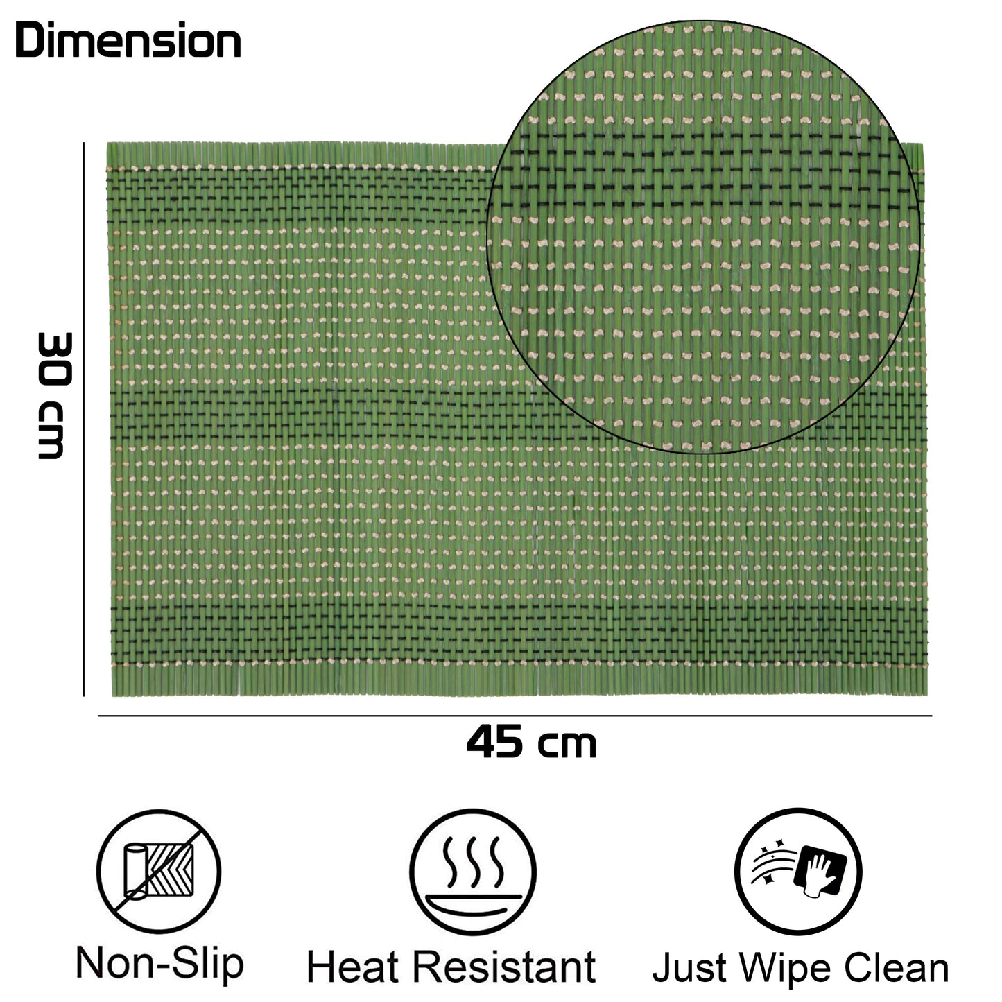 Reversible Bamboo Table Mats For Dining Table, Set Of 6 Placemats, 45X30 Cm, Green