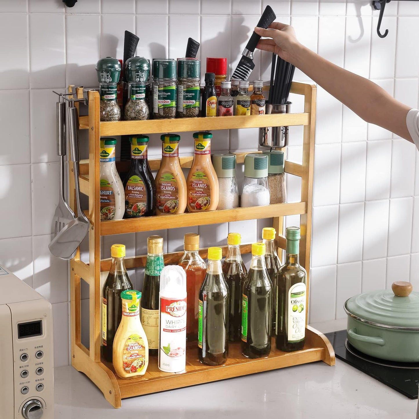 Bamboo 3 Tier Tabletop Mount Spice Rack Organizer For Kitchen Platform Counter Top Rack Storage Shelf Stand