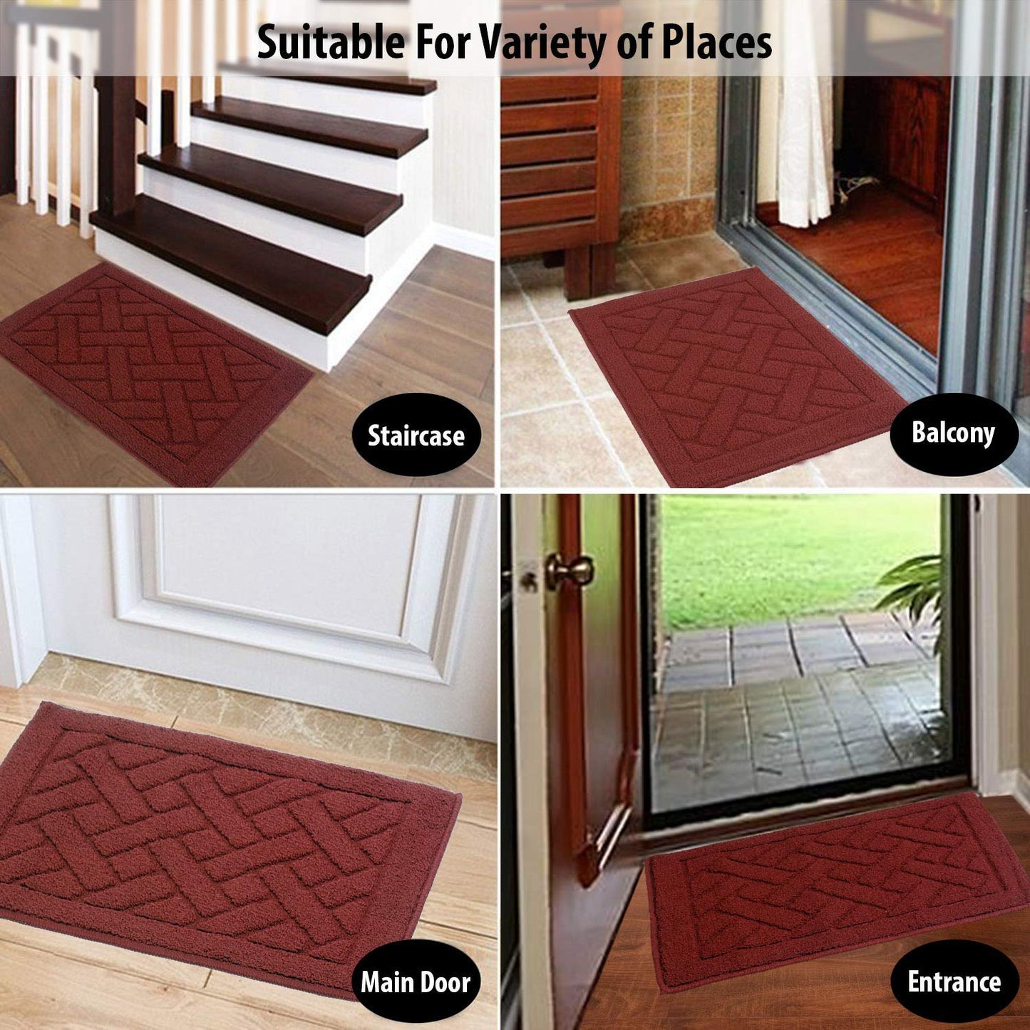 Polypropylene Fiber Rectangular Dirt Trapper Anti-Slip Rubber Back Machine Washable Mat - 45 x 70 cm, Large, RED