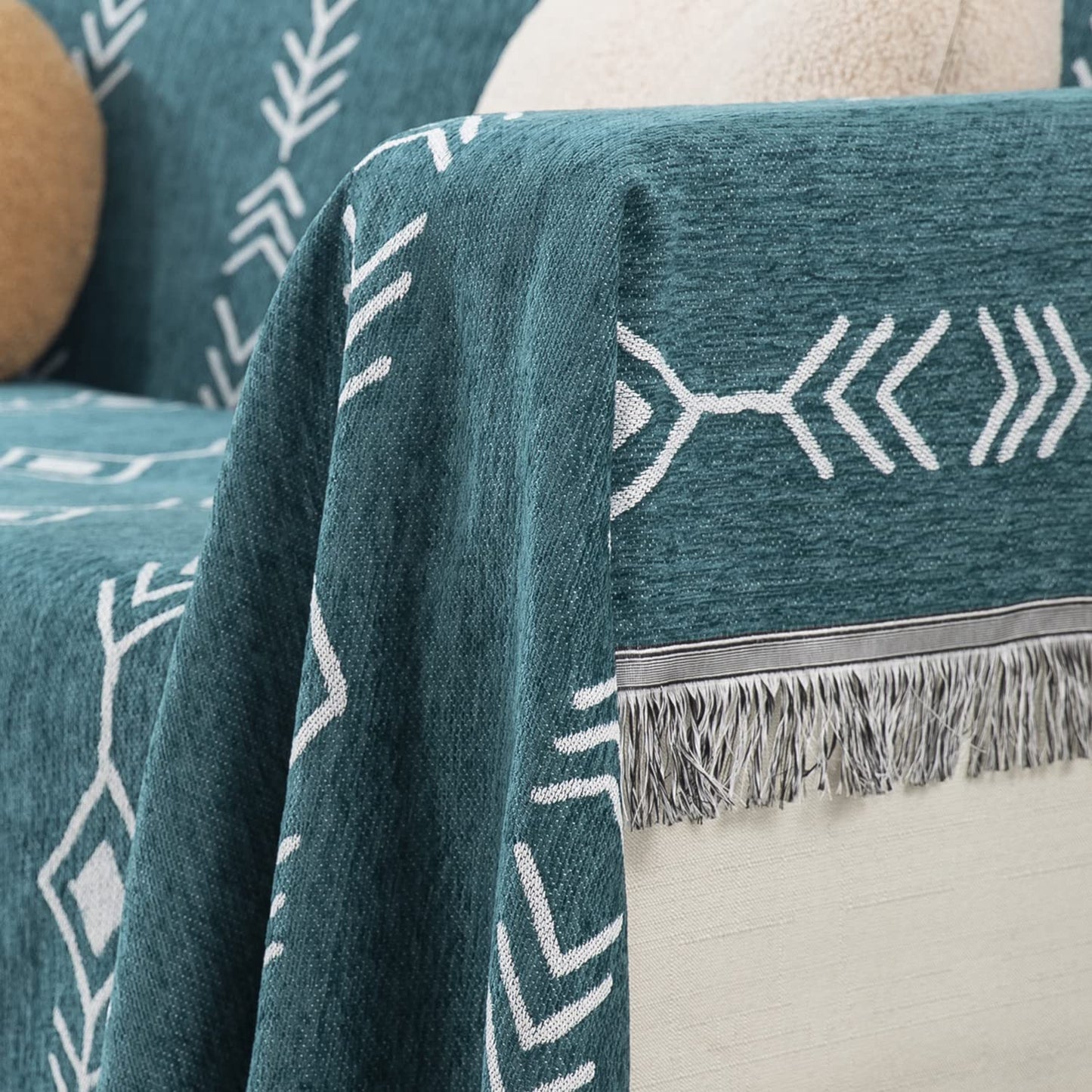 Thick, Soft and Pet Friendly Chenille Sofa Cover Throw, Teal Aztec