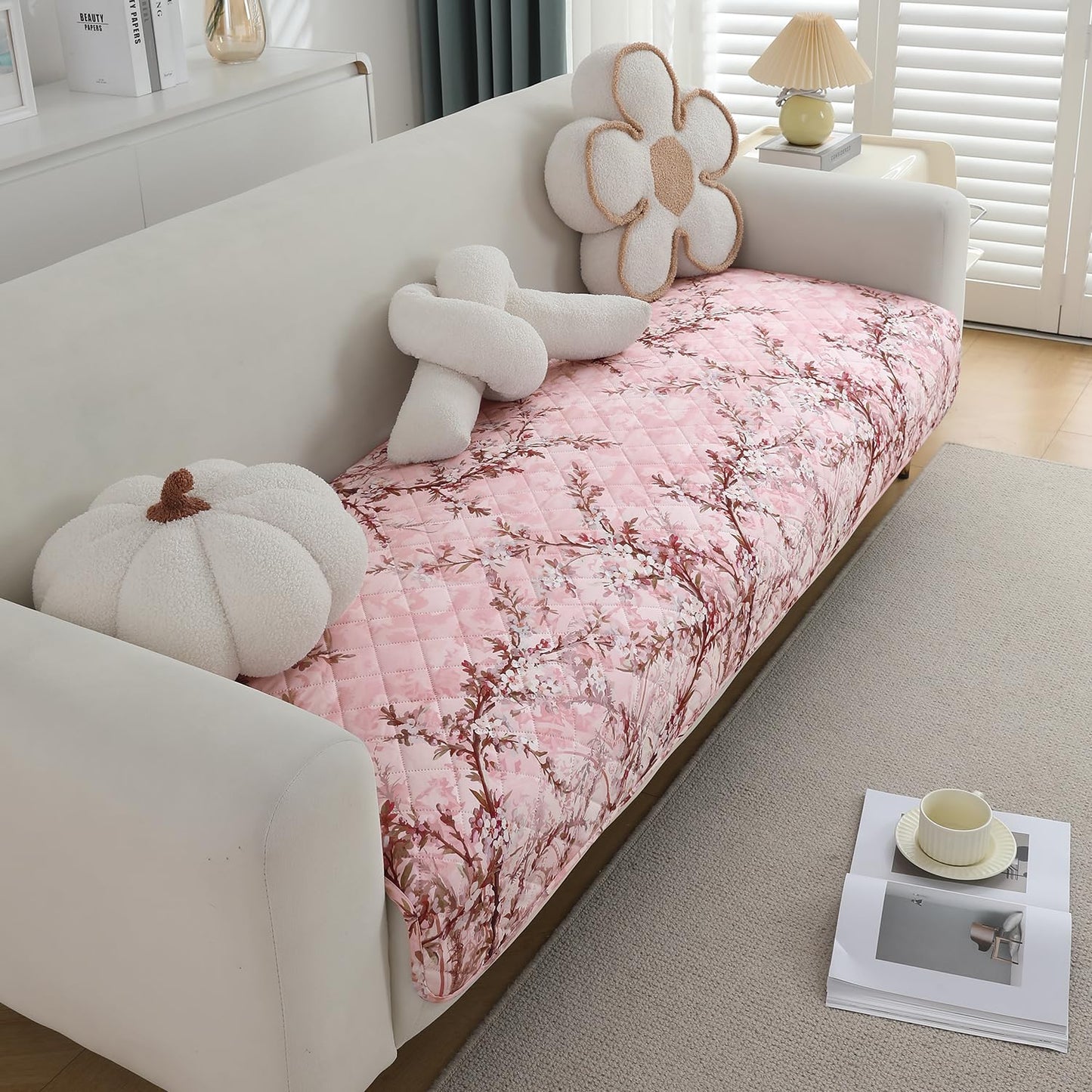 Quilted, Waterproof and Anti-Slip Sofa Cover Mat, Blossom Flower Pink
