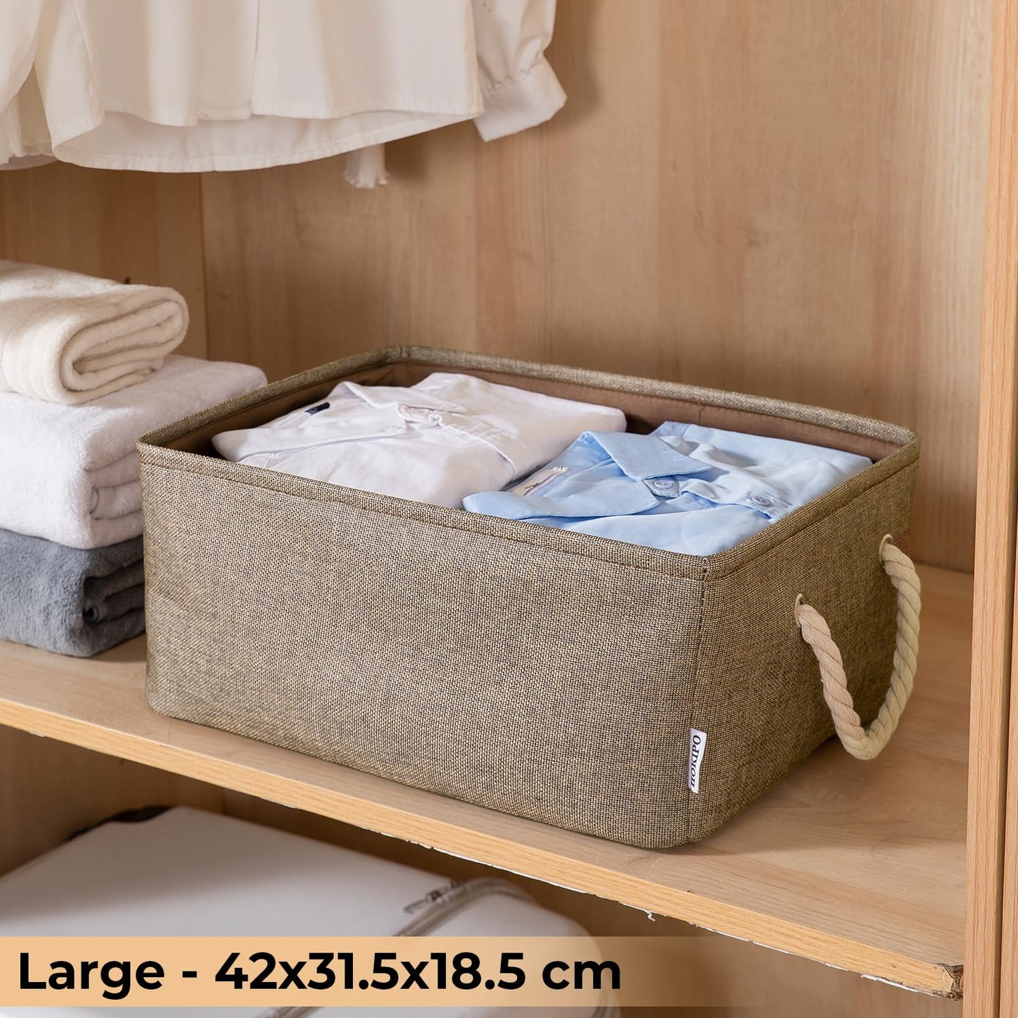 Jute Eco-Friendly Foldable Clothes Storage Basket Bin Organizer, Set Of 2, Large, Coffee Brown