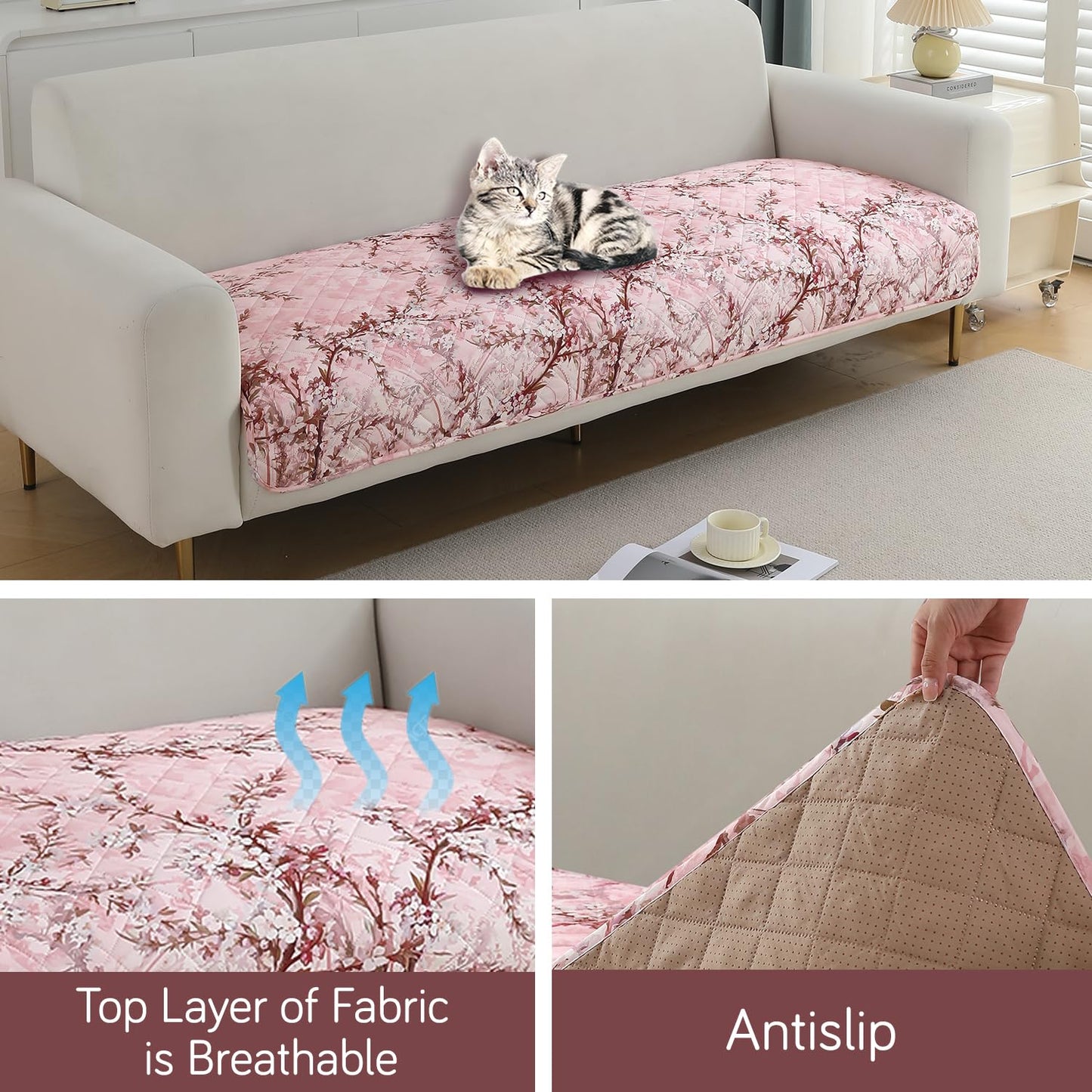 Quilted, Waterproof and Anti-Slip Sofa Cover Mat, Blossom Flower Pink