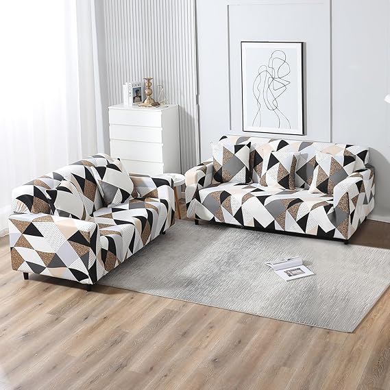 Elastic Stretchable Printed Sofa Cover, Grey Brown Geometric