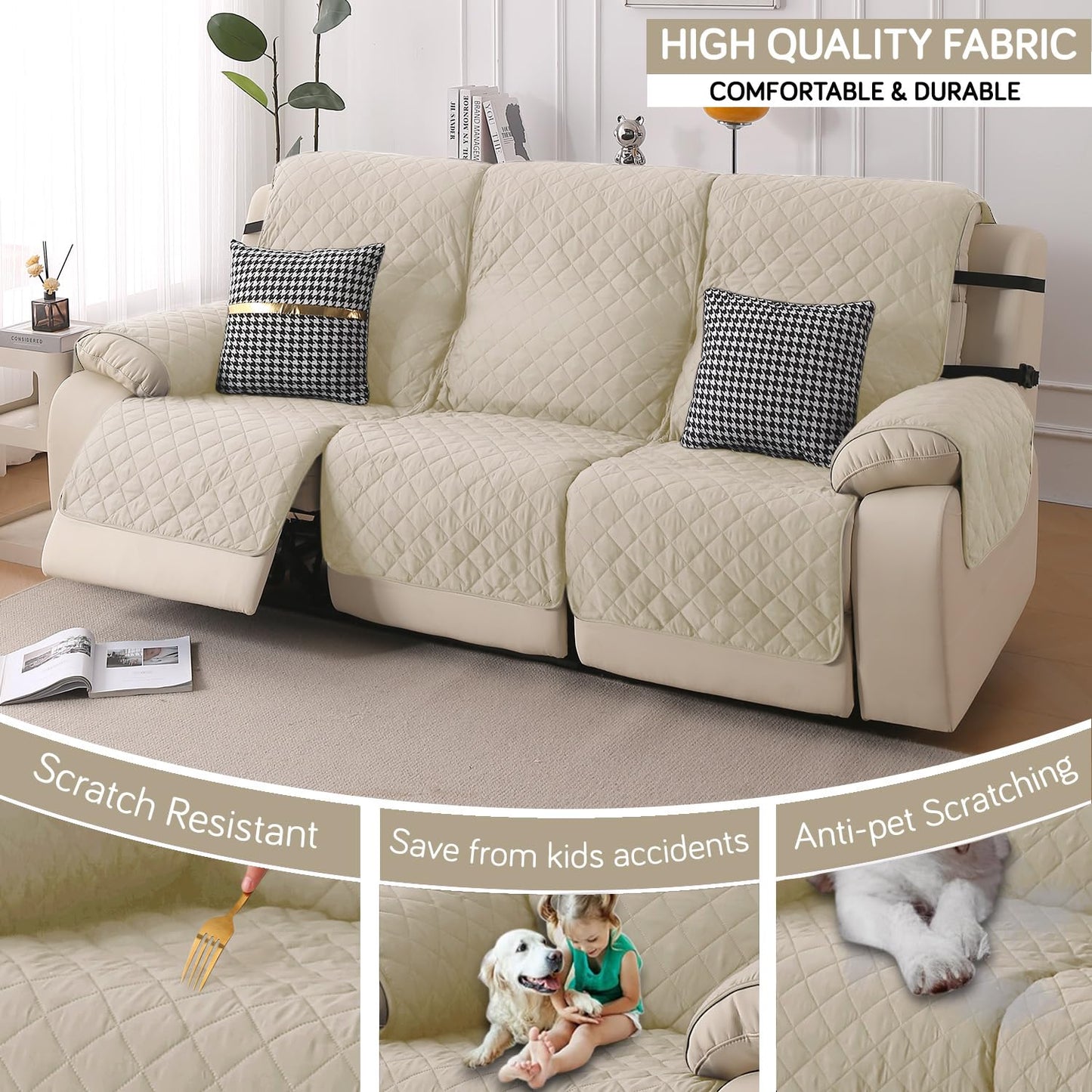 UrbanQuilt Recliner Sofa Slipcover Mat with Dual Belt for 1/2/3 Seater - Cream