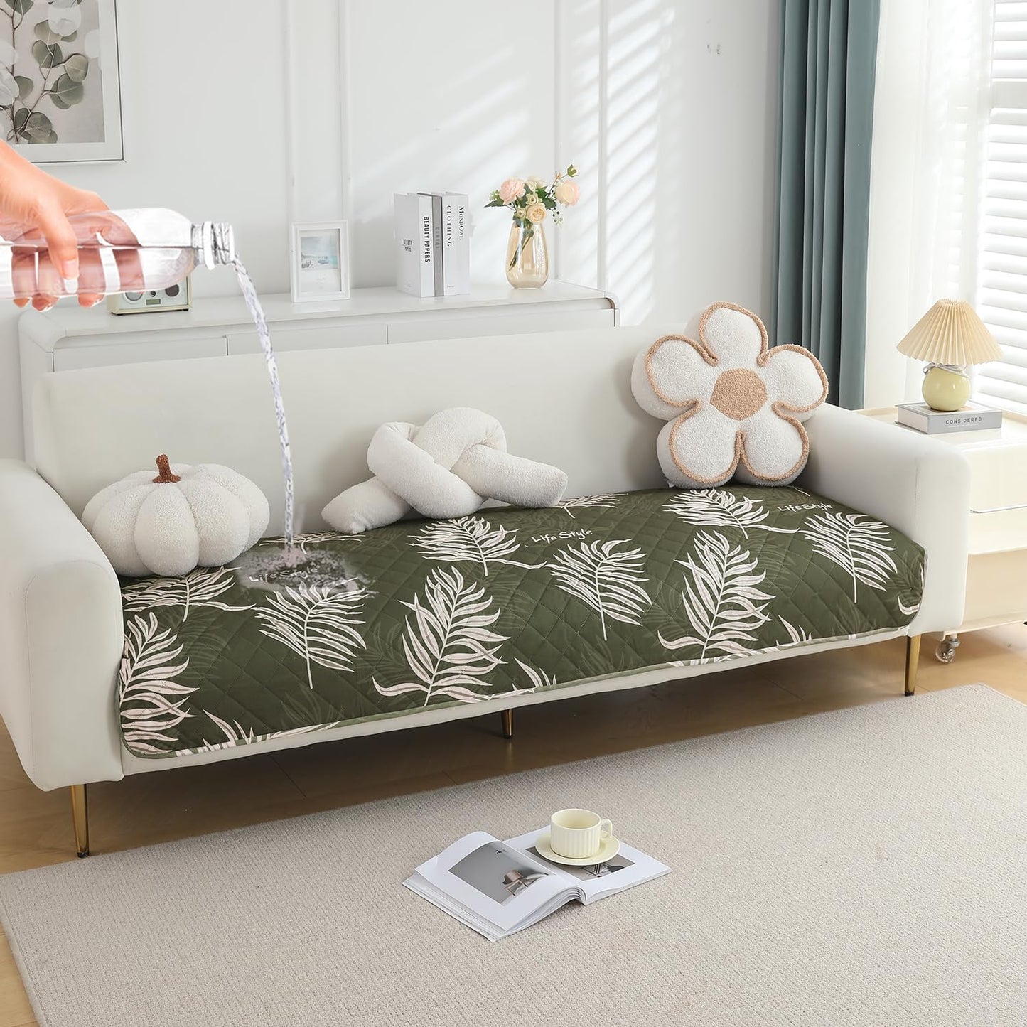 Quilted 1/2/3 Seater Waterproof and Anti-Slip Sofa Cover Mat, Palm Leaves Olive