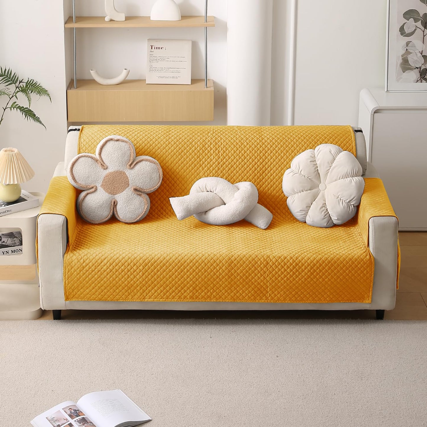 Quilted Velvet Sofa Cover Mat with Side Pockets, Pet Friendly, Mustard Yellow
