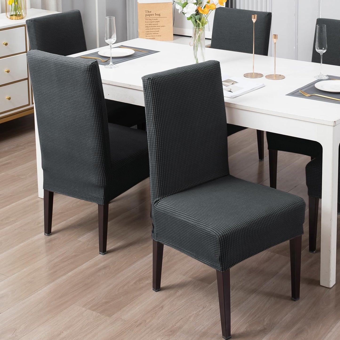 200 GSM Jacquard Set of 1/2/4/6 Dining Chair Cover, Dark Grey