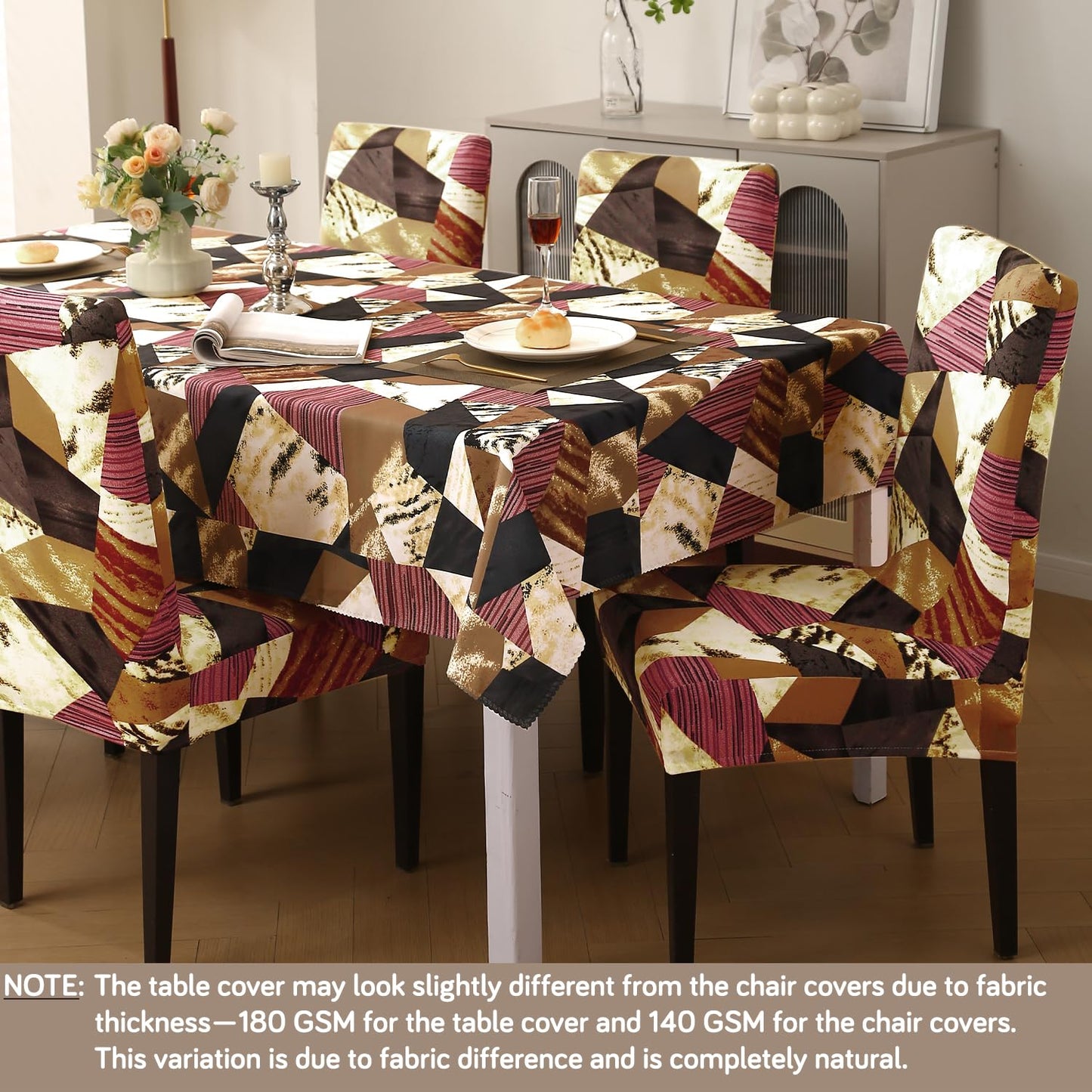 HOKIPO Elastic Dining Chair Covers with Matching Tablecloth, Wine Abstract Geometry