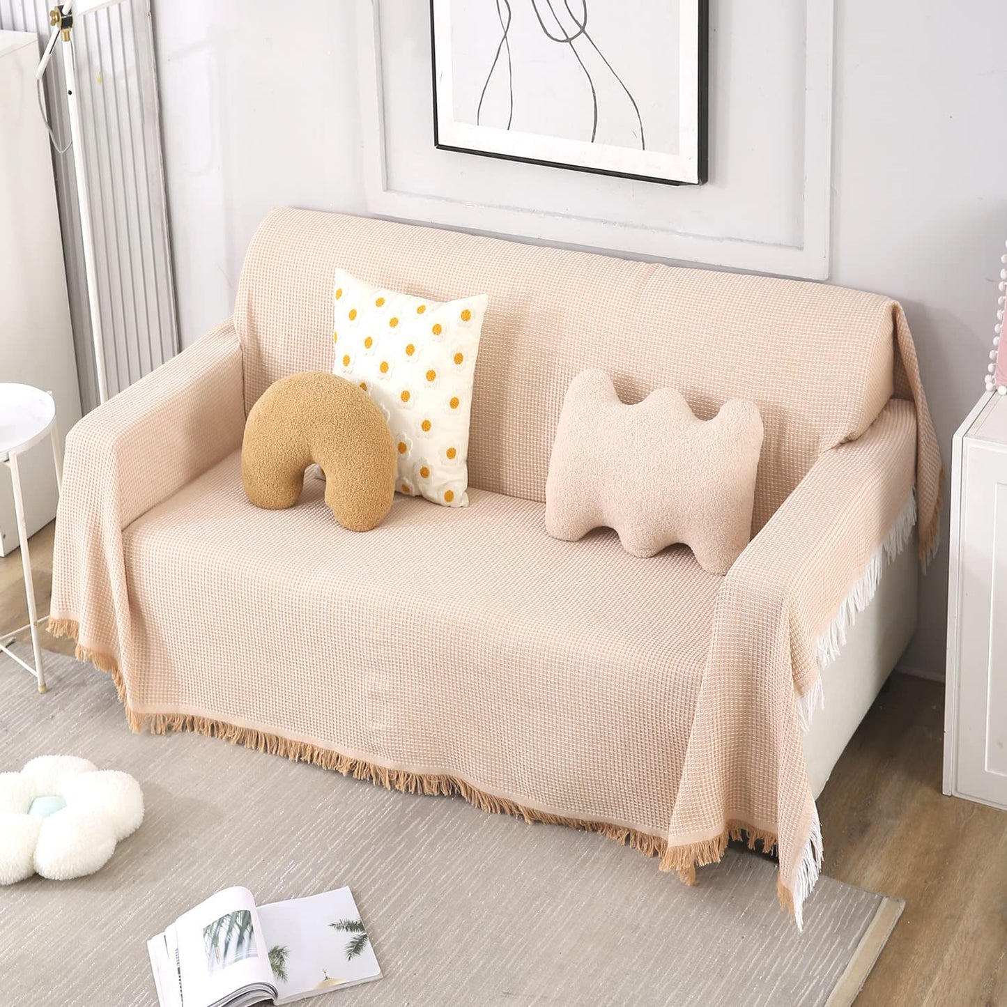 peach colour polycotton sofa throw in size 180(D)x180(L) for one seater, 180(D)x230(L) for two seater, 180(D)x300(L) for 3 seater