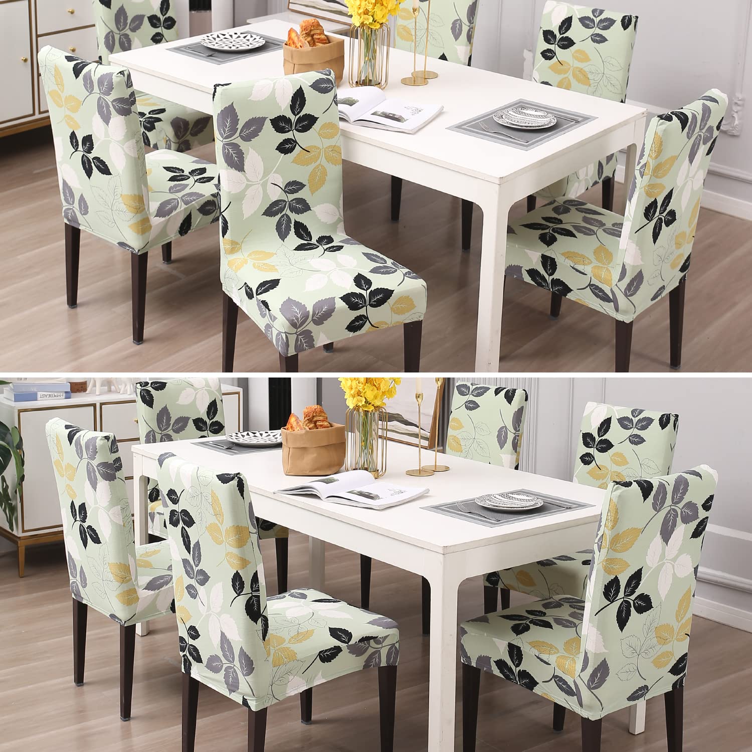 Green Hibiscus Leaves print chair covers for dining chairs | Hokipo