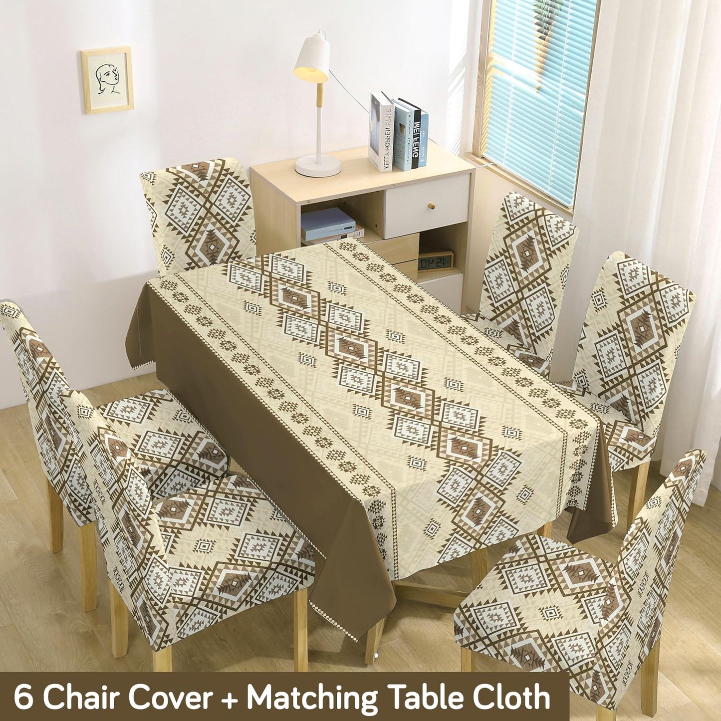 Moss Brown Printed Dining Table Cover with Chair Covers | 4/6 Seater