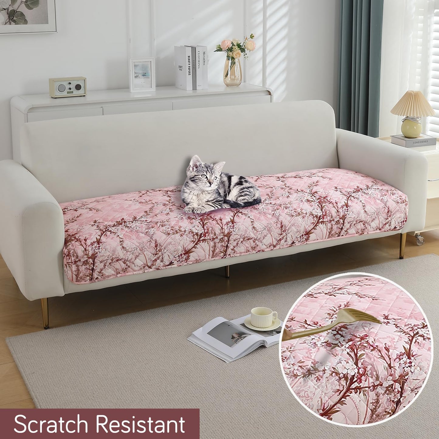 Quilted, Waterproof and Anti-Slip Sofa Cover Mat, Blossom Flower Pink