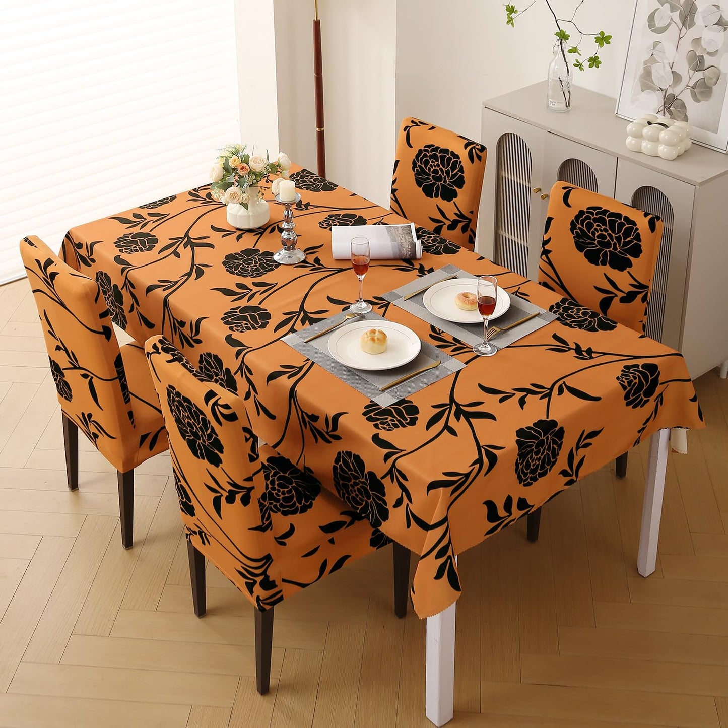 Elastic Dining Chair Covers with Matching Tablecloth, Copper Brown Floral