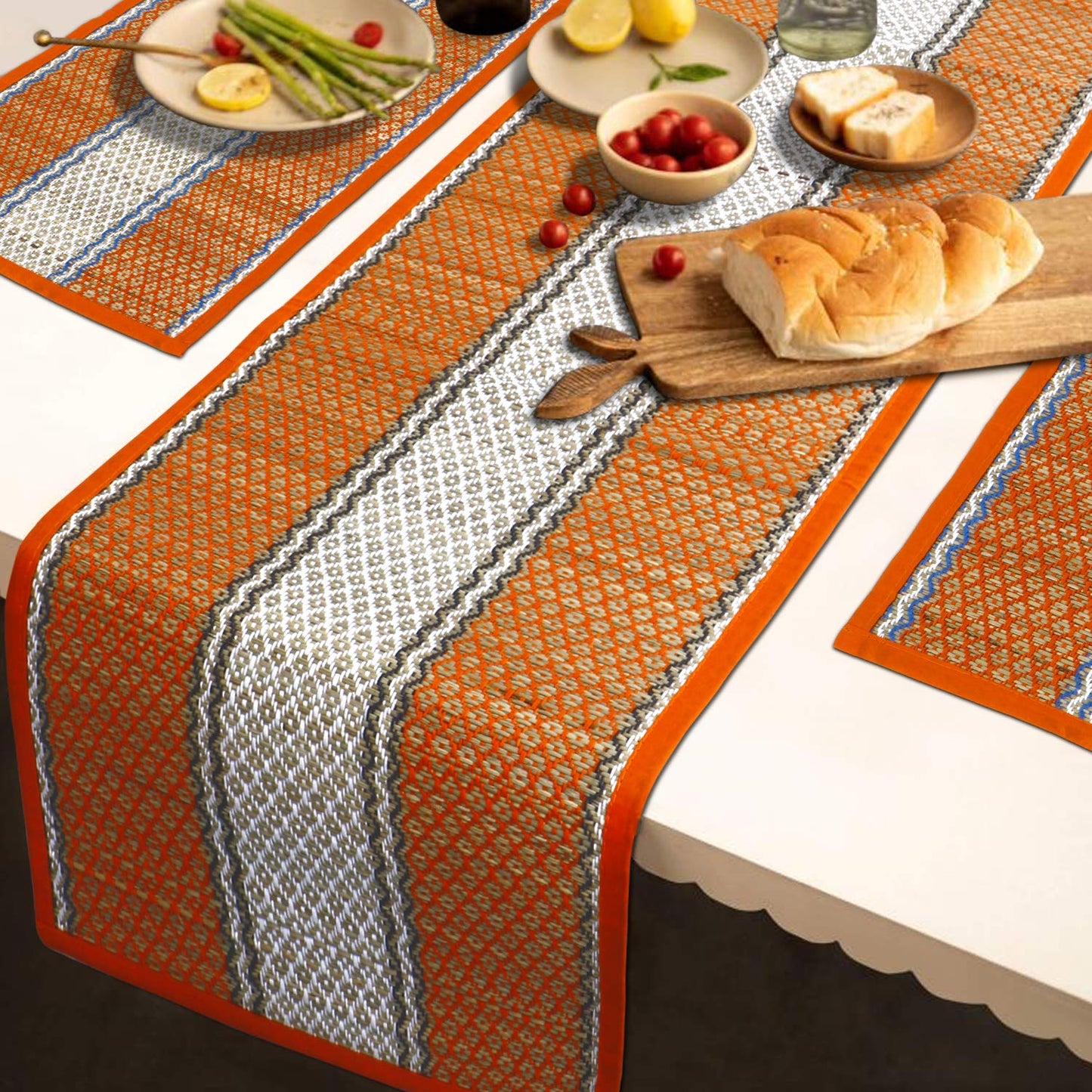 Handmade Madurkathi River Grass Dining Table Mats, Orange