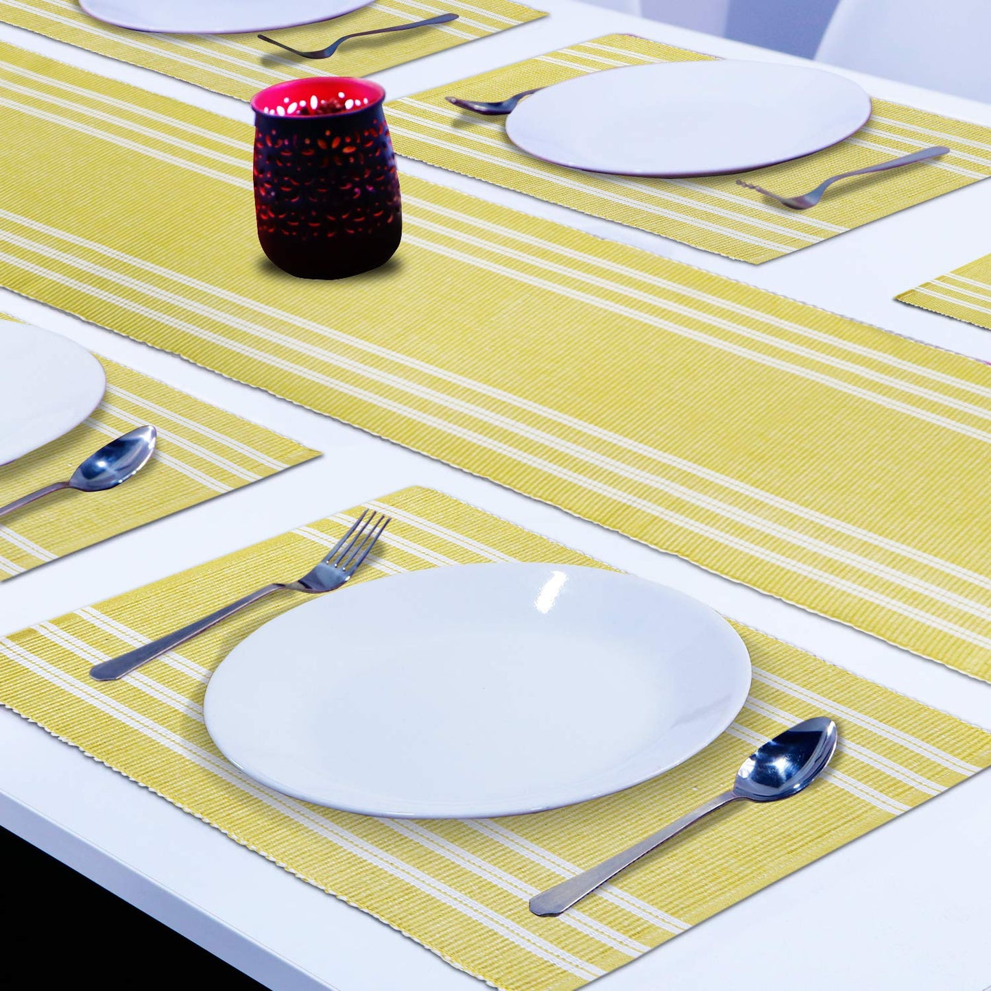 Ribbed Cotton Heat Resistant Dining Table Mat, Yellow Striped